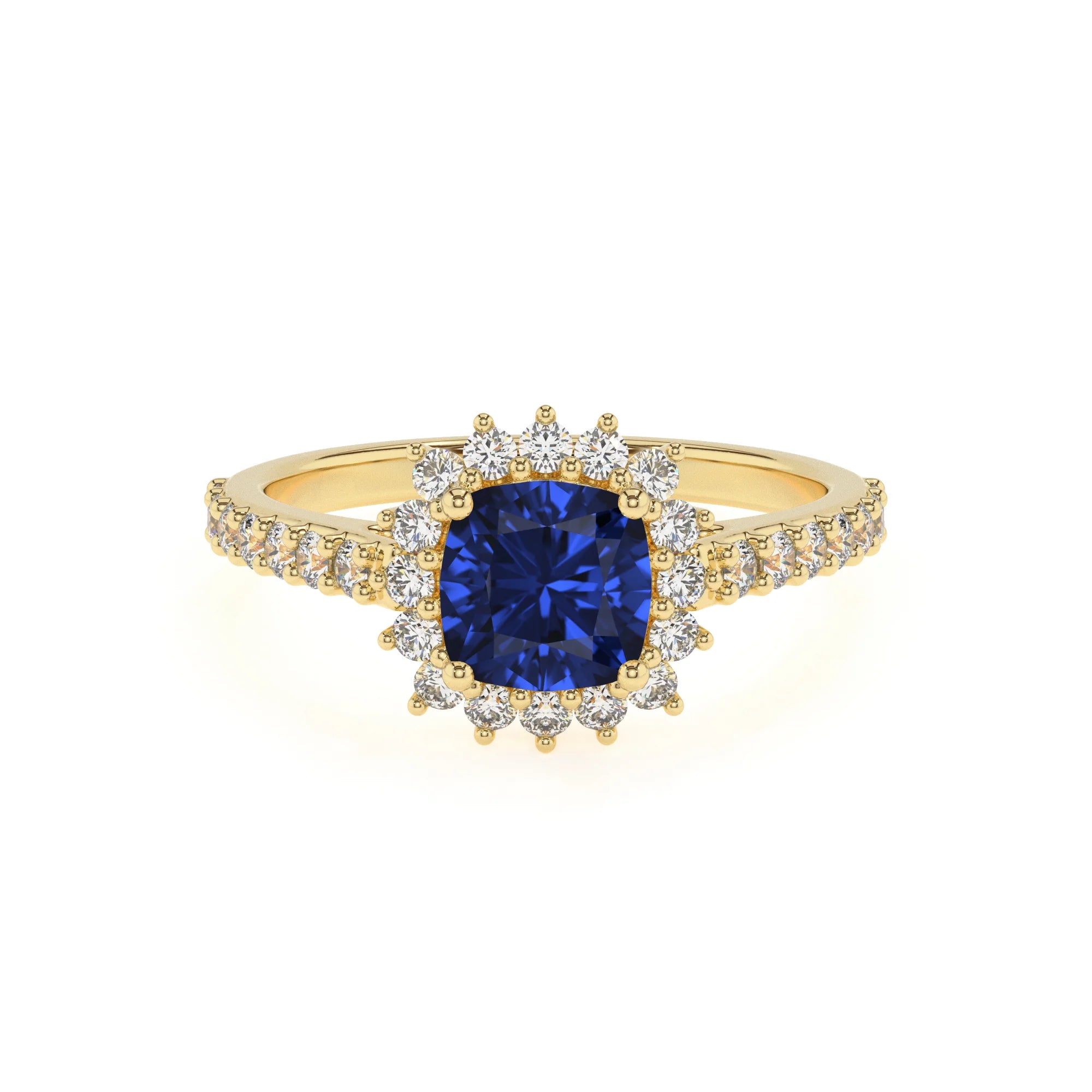 lab grown blue-sapphire cushion solitaire rings in yellow gold