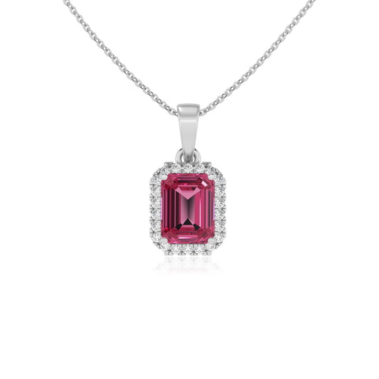 lab grown pink-tourmaline emerald cut solitaire necklaces in white gold