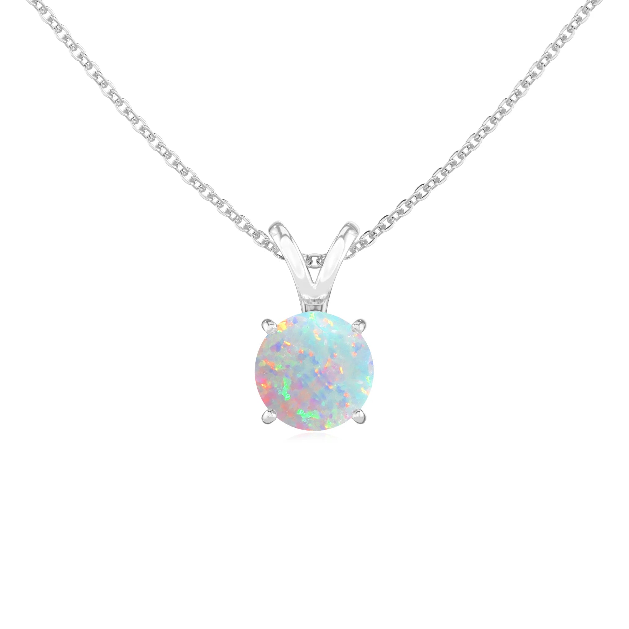 lab grown opal round solitaire v-bale necklaces in sterling silver