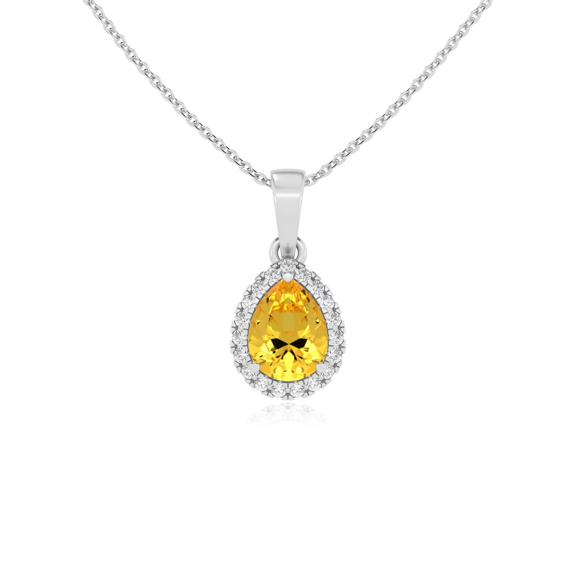 lab grown yellow-sapphire pear solitaire necklaces in white gold