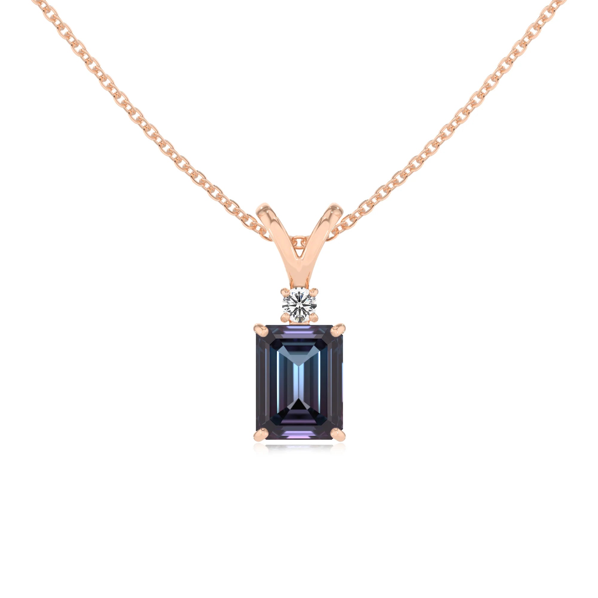 lab grown alexandrite emerald cut solitaire v-bale necklaces in rose gold