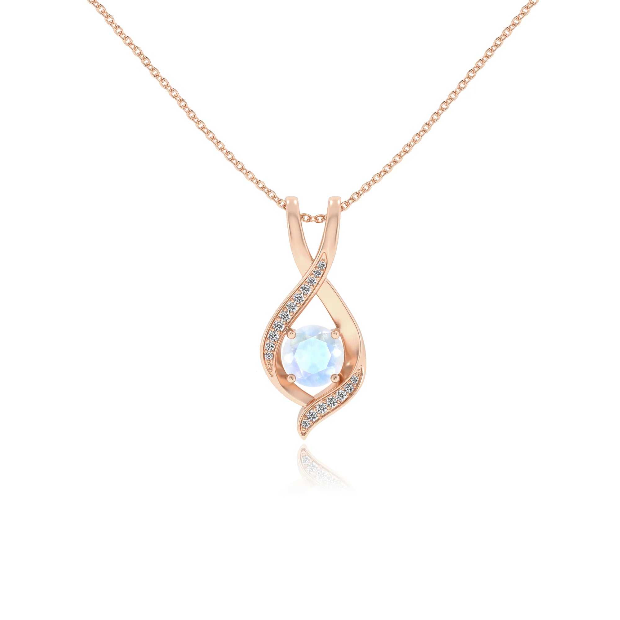 natural rainbow-moonstone round solitaire necklaces in rose gold