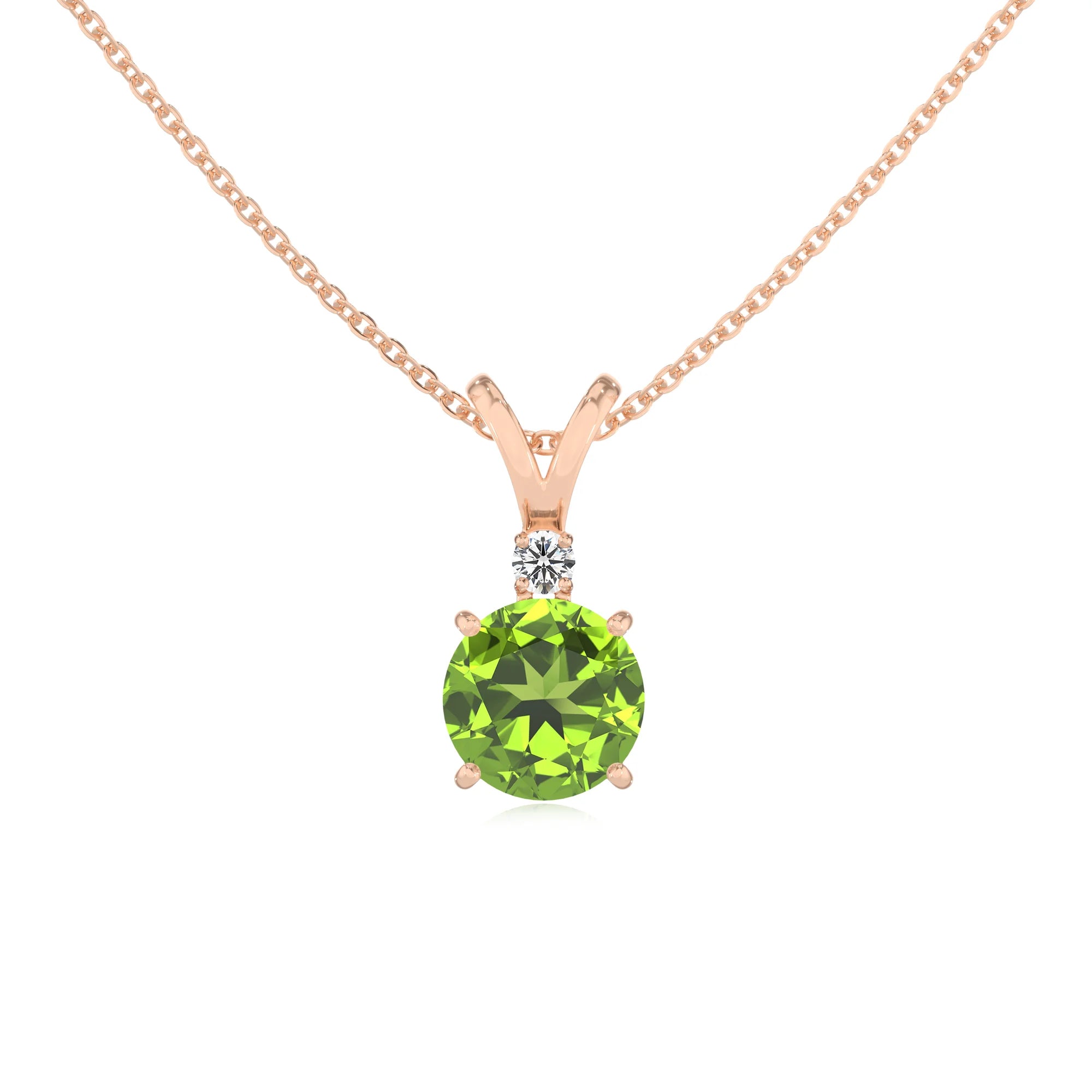 natural peridot round solitaire v-bale necklaces in rose gold