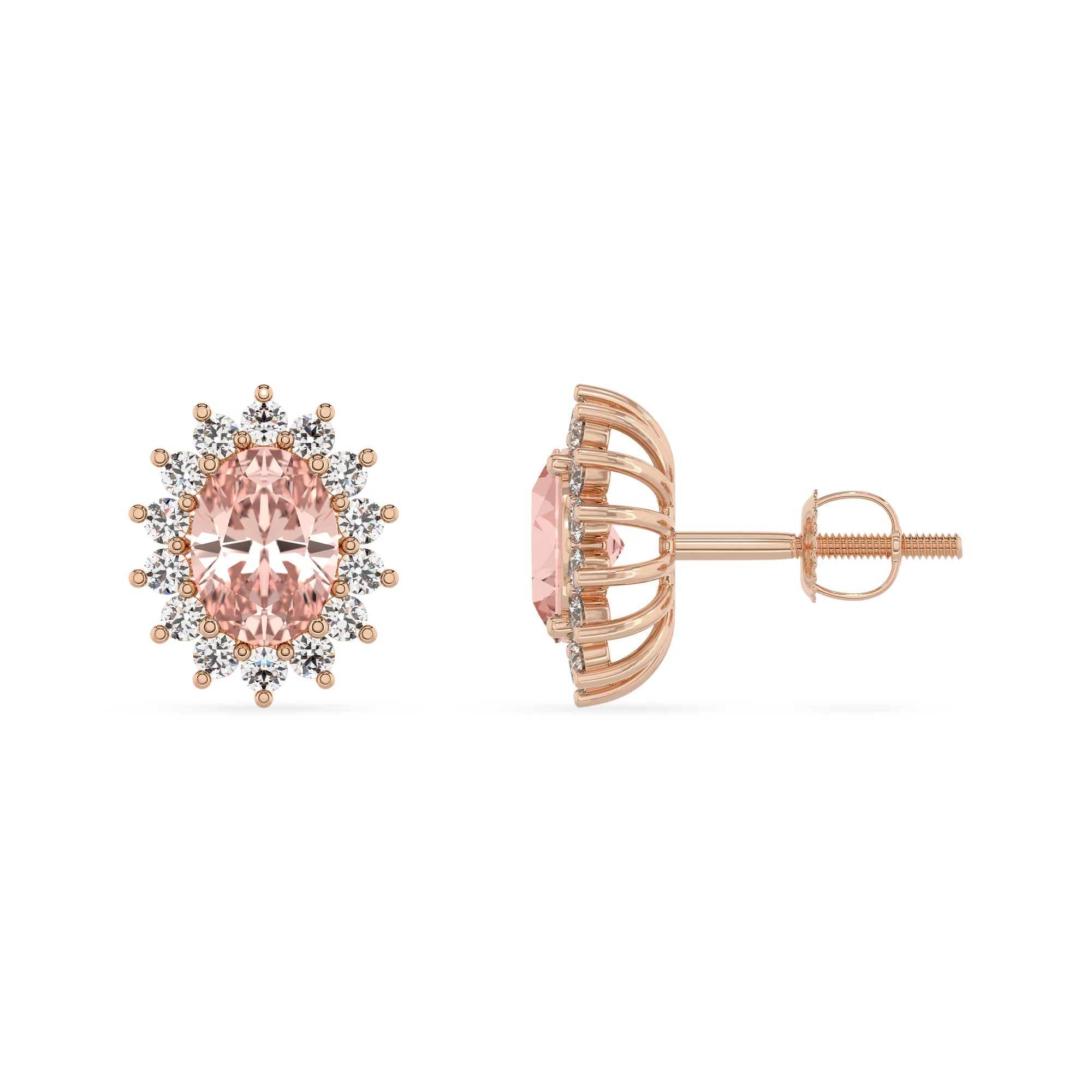 lab grown morganite oval stud earrings in rose gold