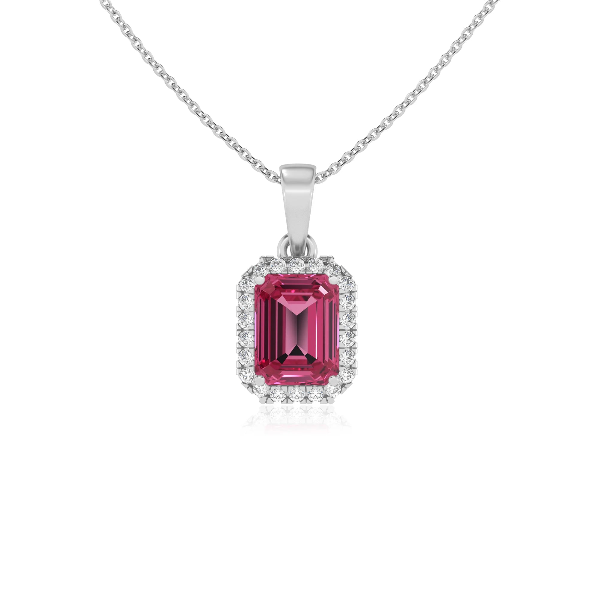 lab grown pink-tourmaline emerald cut solitaire necklaces in platinum