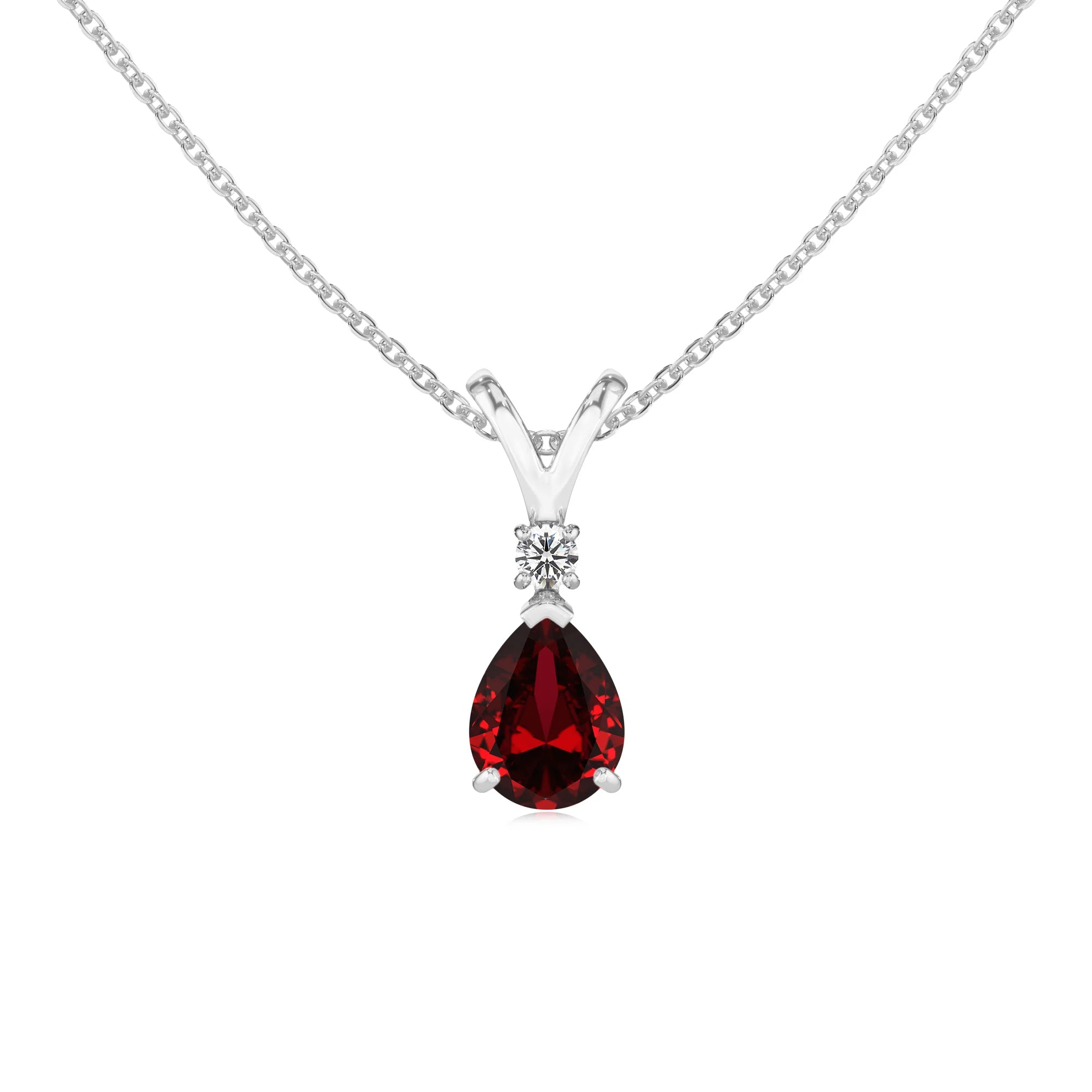 lab grown ruby pear solitaire v-bale necklaces in sterling silver