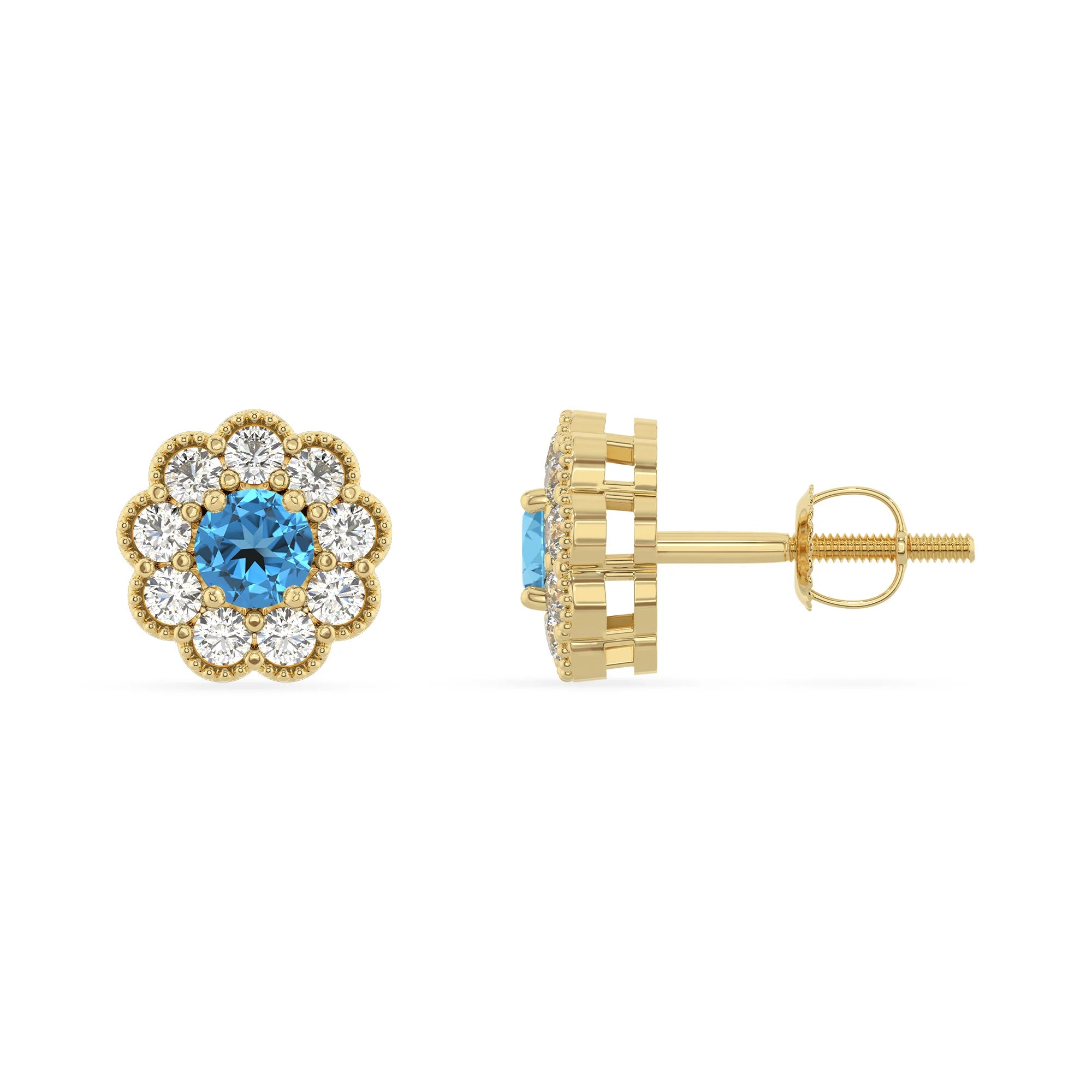 natural swiss blue topaz round stud earrings in yellow gold