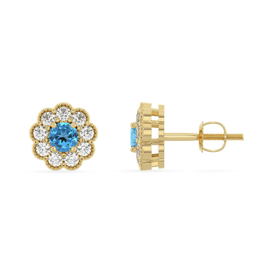 natural swiss blue topaz round stud earrings in yellow gold