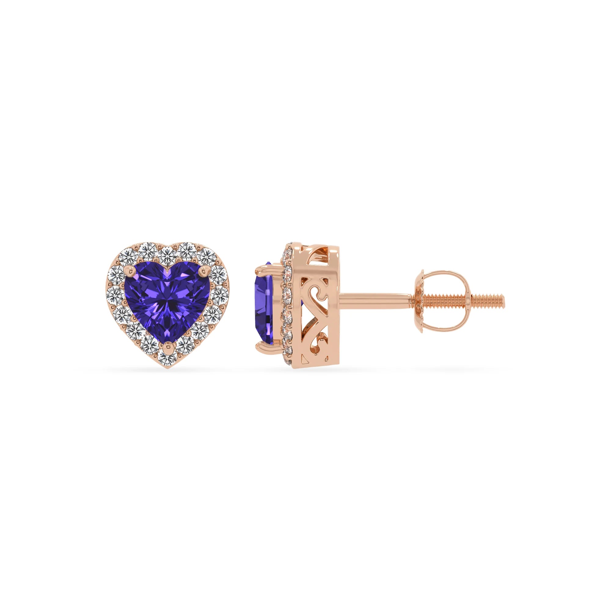 lab grown tanzanite heart stud earrings in rose gold