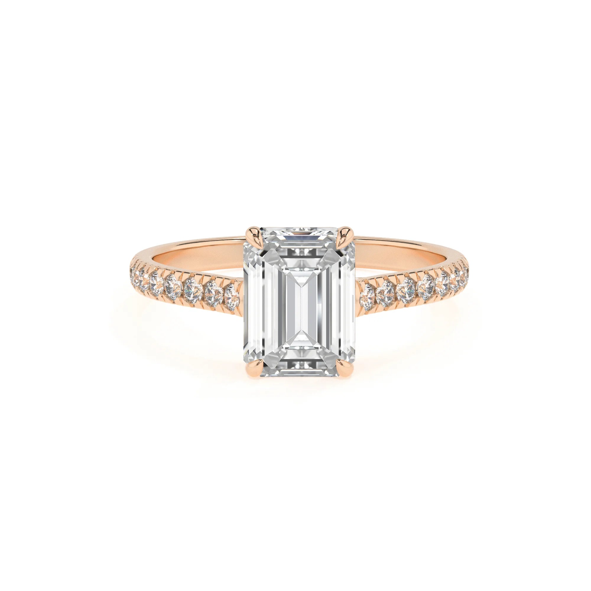 lab grown moissanite emerald cut half eternity solitaire engagement rings in rose gold