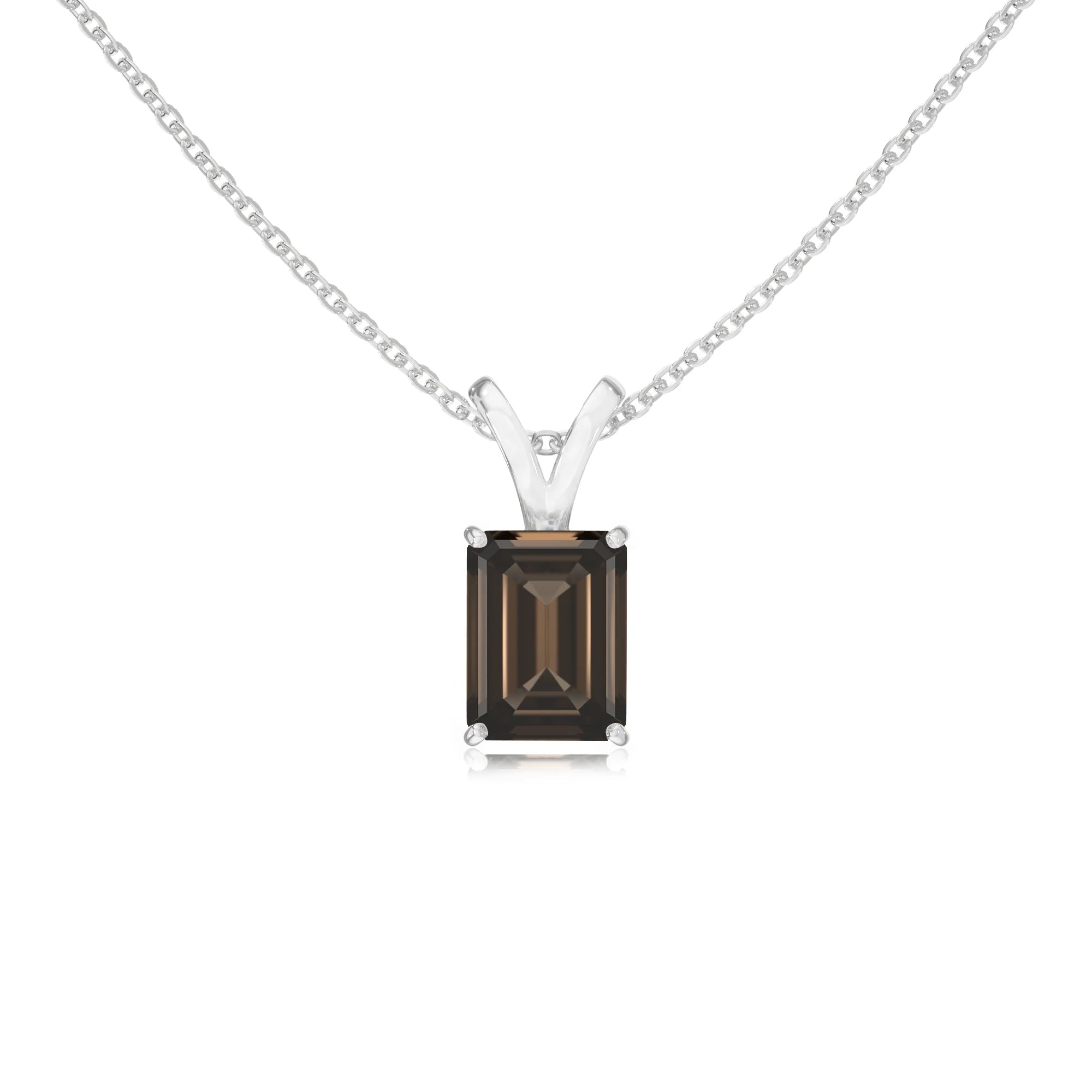 natural smoky-quartz emerald cut solitaire v-bale necklaces in sterling silver