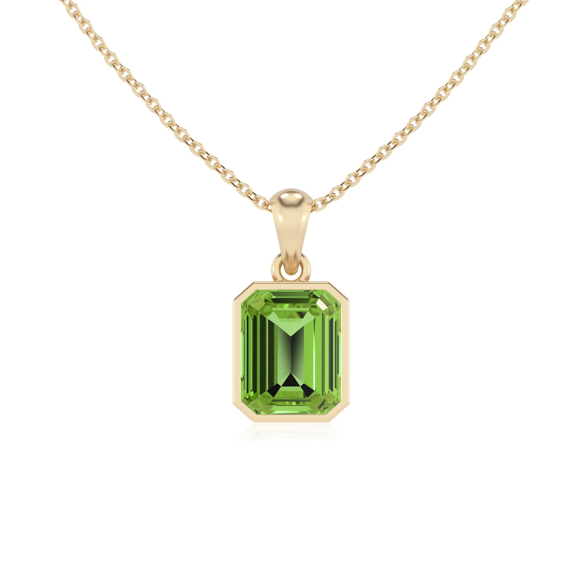 natural peridot emerald cut solitaire necklaces in yellow gold