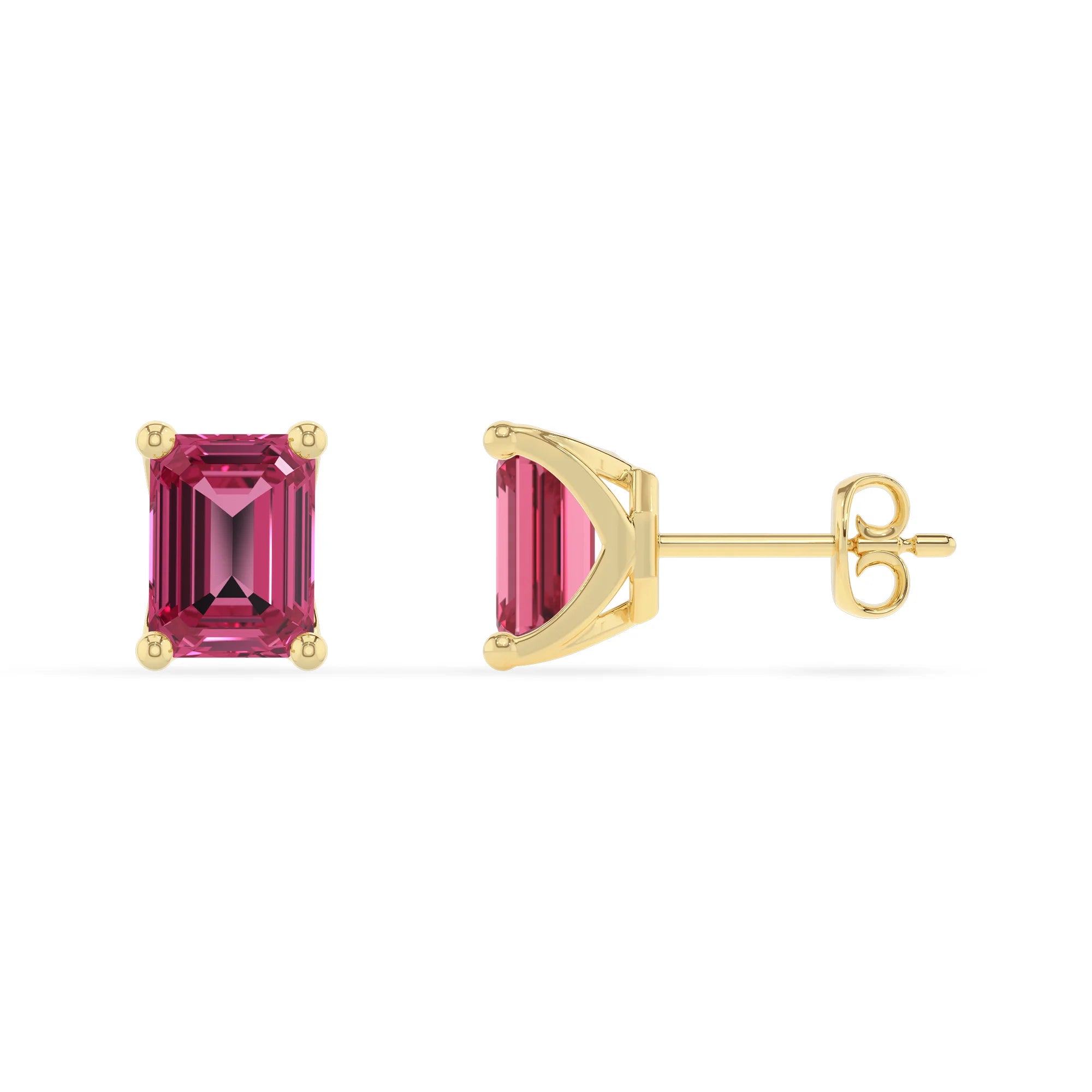 lab grown pink tourmaline emerald cut stud earrings in yellow gold