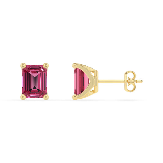 lab grown pink tourmaline emerald cut stud earrings in yellow gold