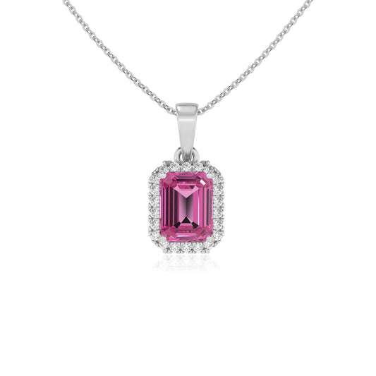 lab grown pink-sapphire emerald cut solitaire necklaces in white gold