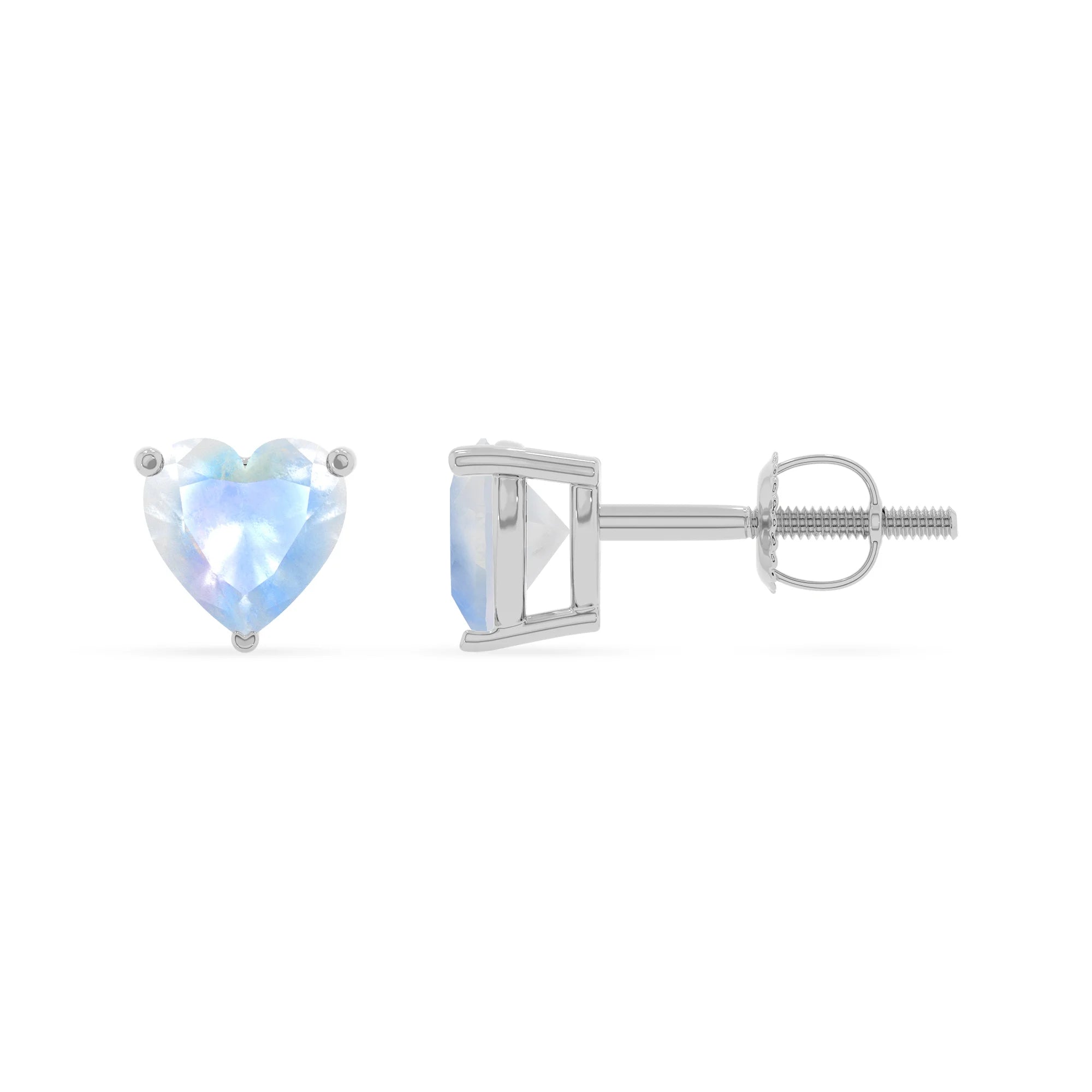natural rainbow moonstone heart stud earrings in white gold