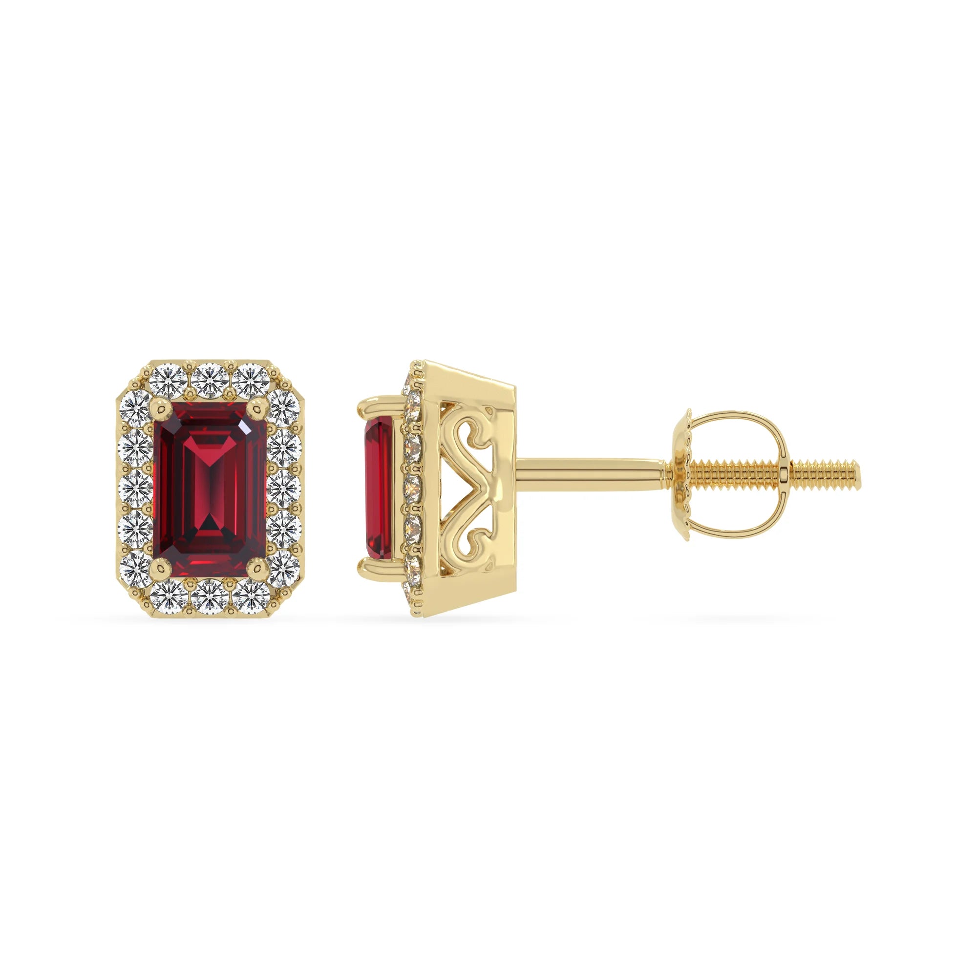 lab grown ruby emerald cut stud earrings in yellow gold