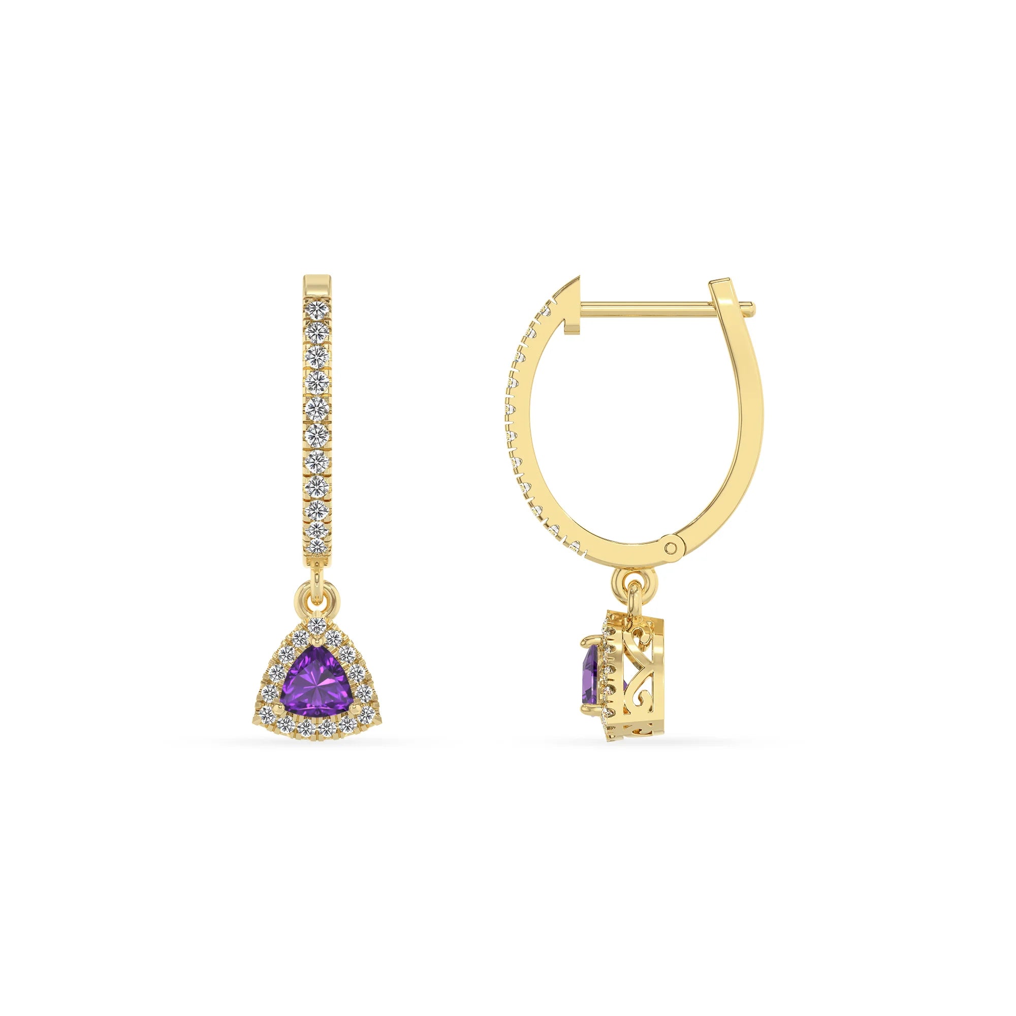lab grown amethyst trillion drop earrings in yellow gold