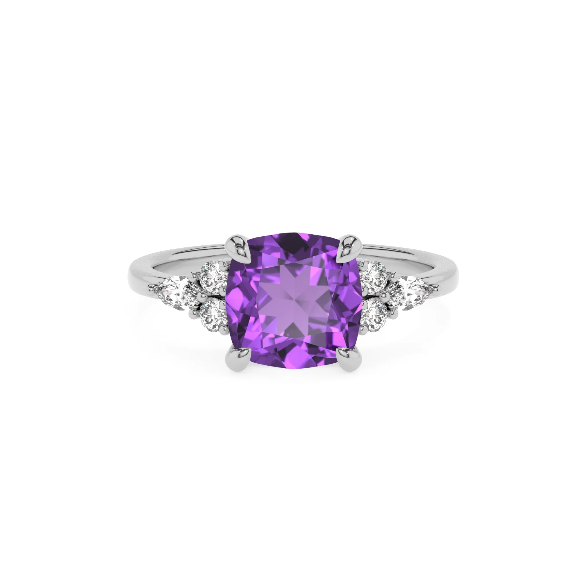 lab grown amethyst cushion solitaire rings in sterling silver