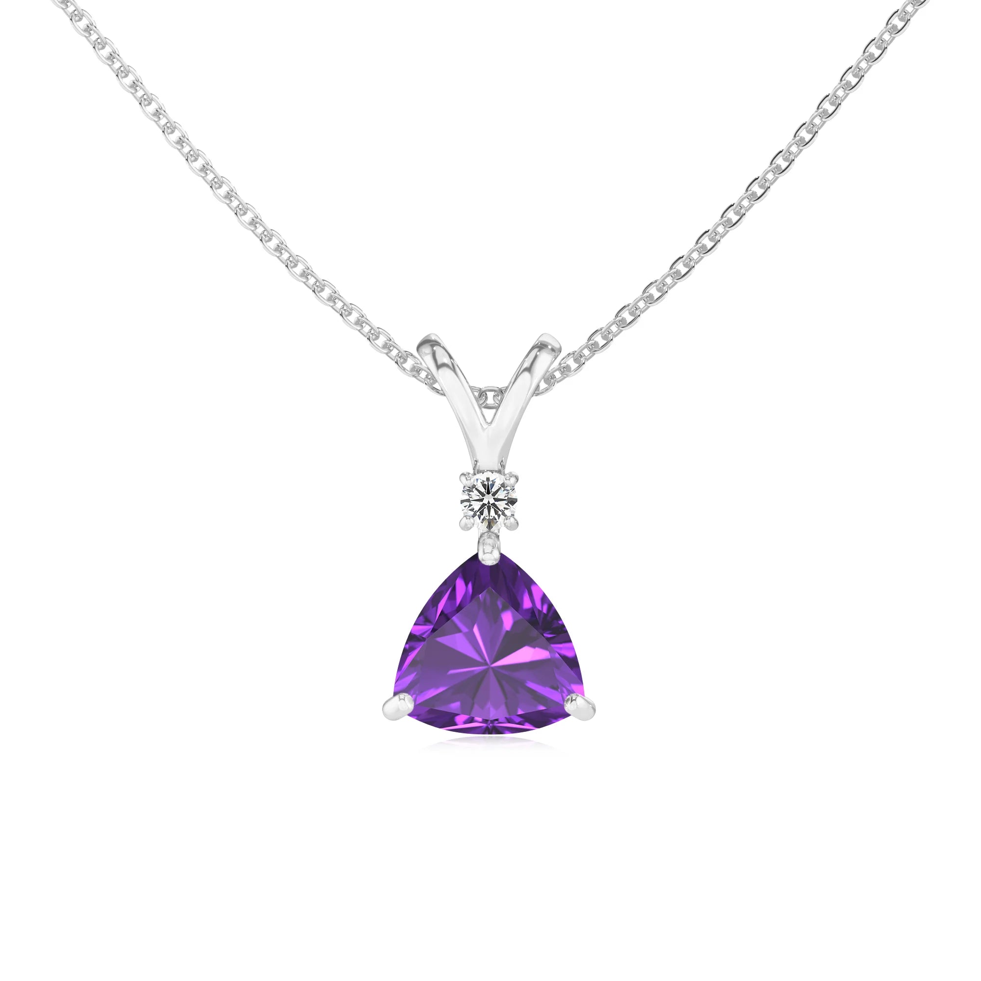 lab grown amethyst trillion solitaire v-bale necklaces in sterling silver