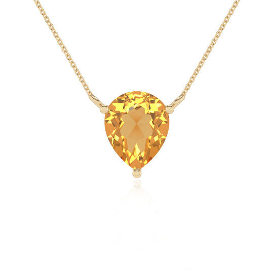 lab grown citrine pear solitaire necklaces in yellow gold