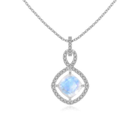 natural rainbow-moonstone cushion infinity necklaces in white gold