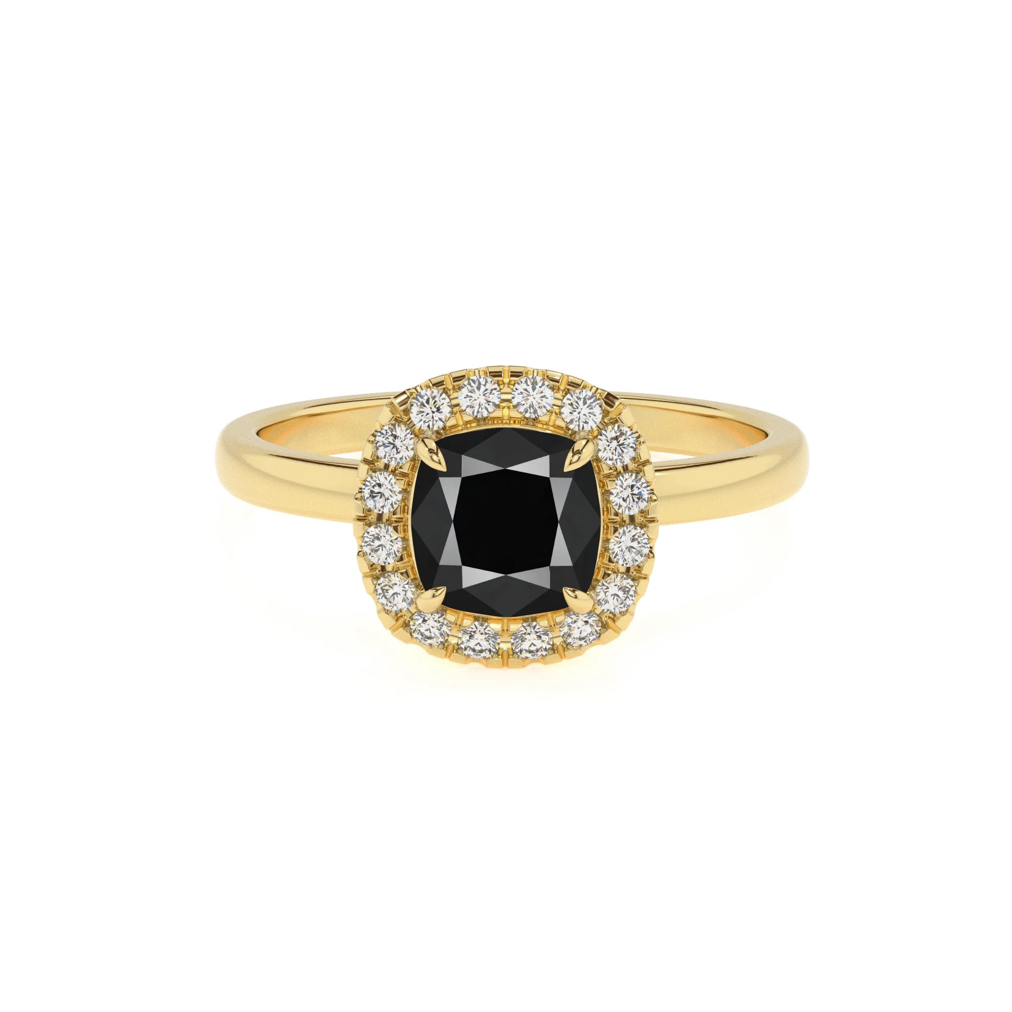 natural black-onyx cushion solitaire rings in yellow gold