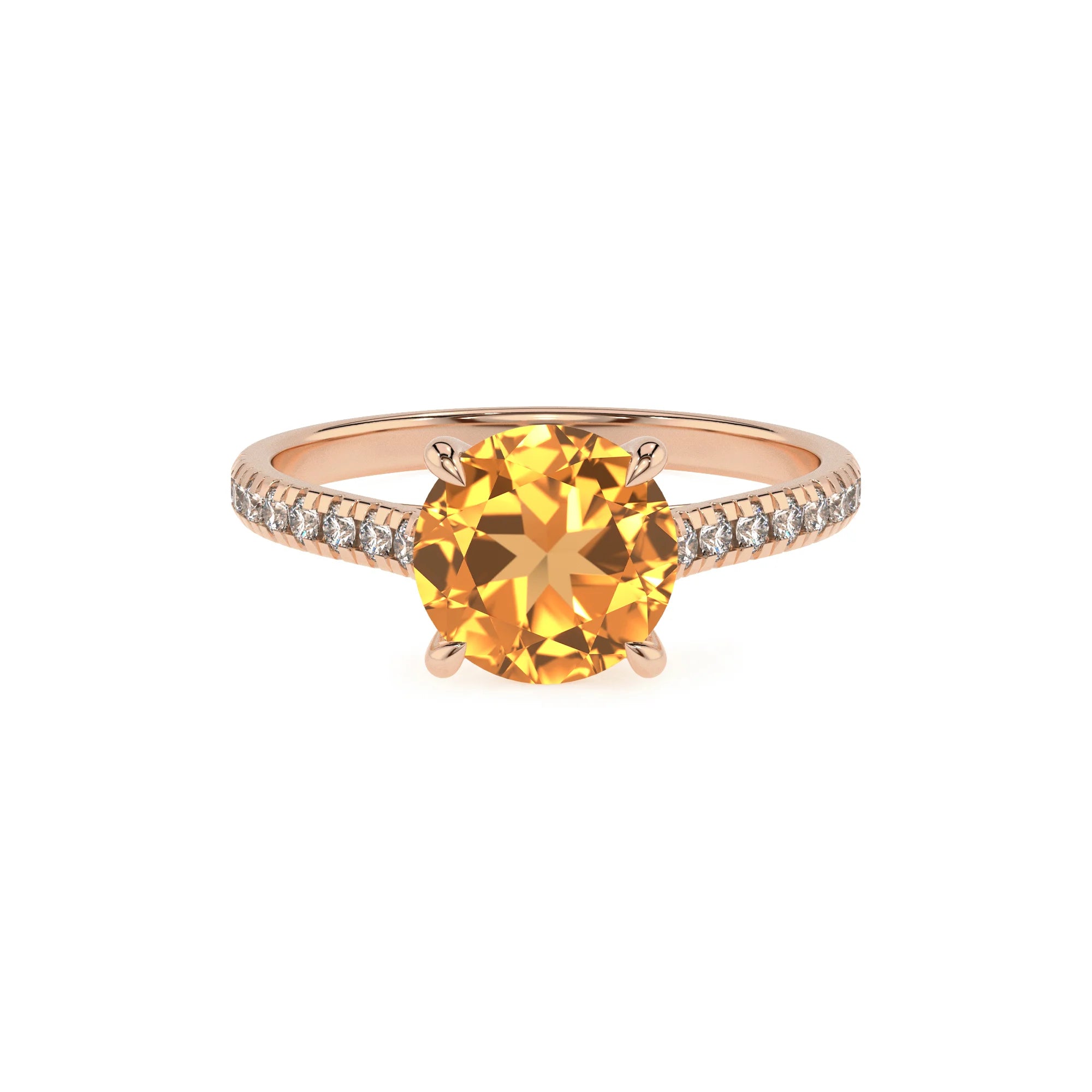 lab grown citrine round half eternity solitaire engagement rings in rose gold