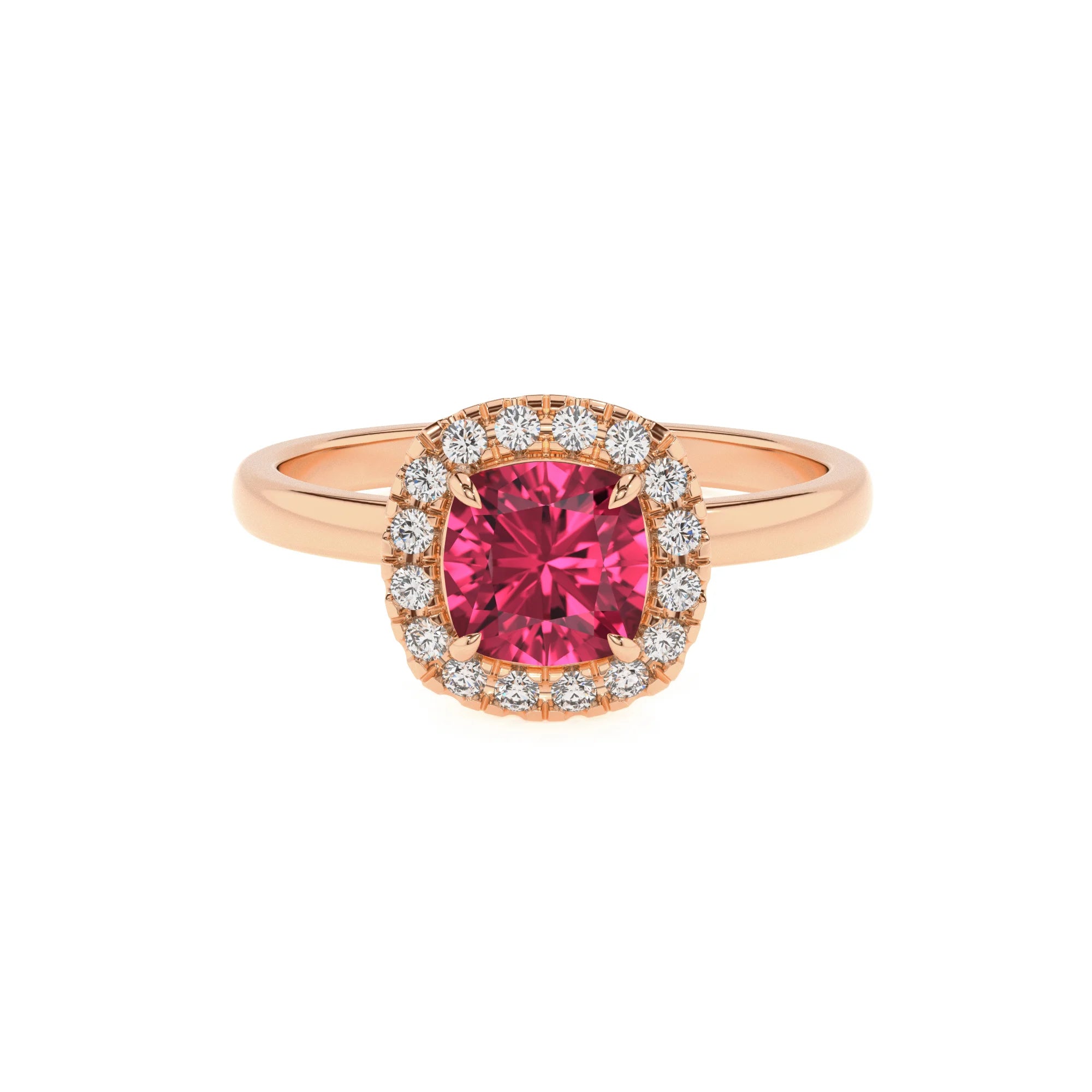 lab grown pink-tourmaline cushion solitaire rings in rose gold