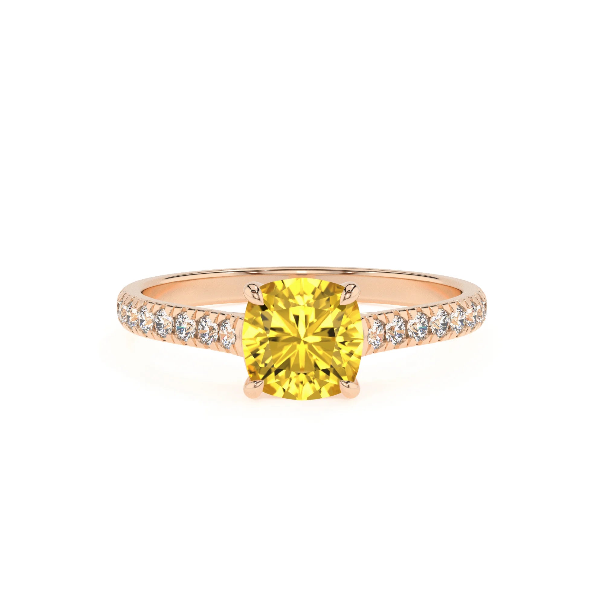 lab grown yellow-sapphire cushion half eternity solitaire engagement rings in rose gold