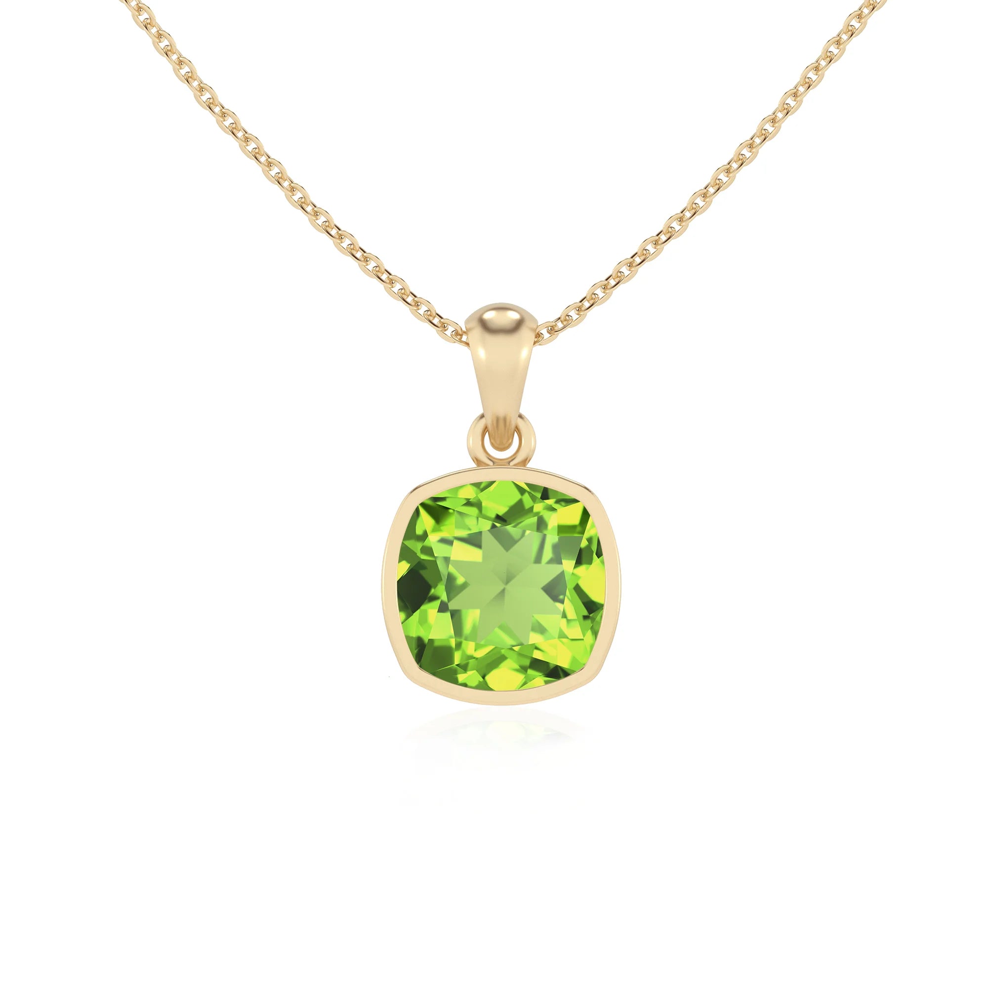 natural peridot cushion solitaire necklaces in yellow gold