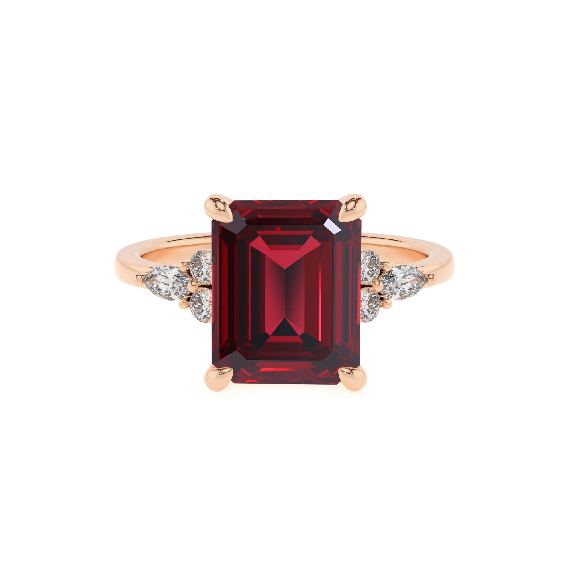 lab grown ruby emerald cut solitaire rings in rose gold