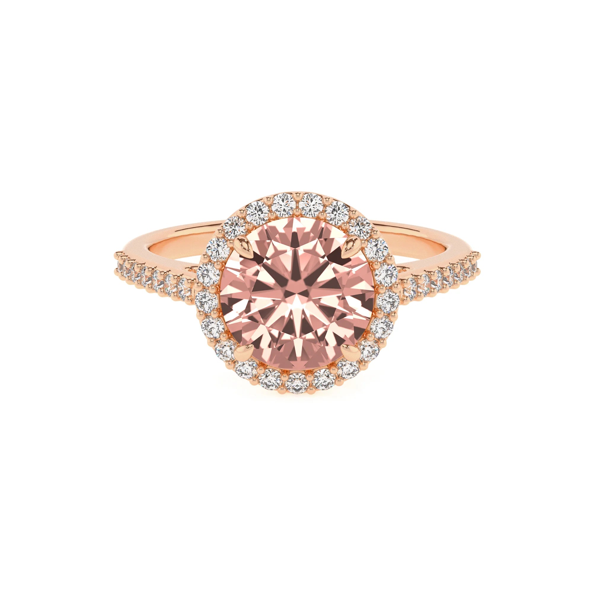 lab grown morganite round solitaire rings in rose gold