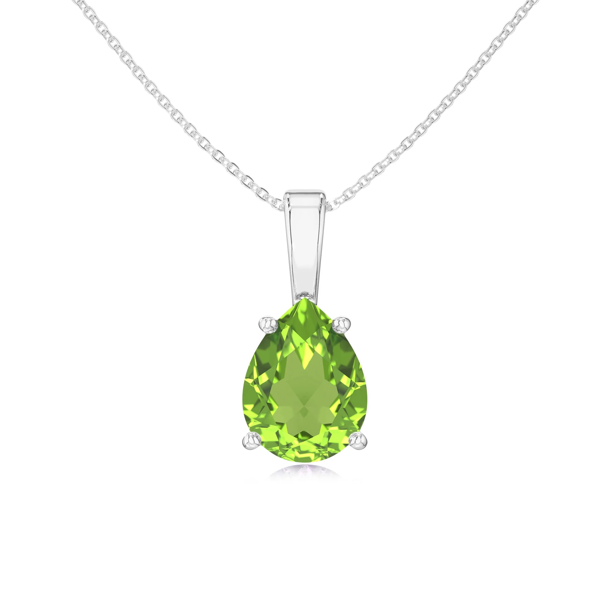 natural peridot pear solitaire necklaces in white gold