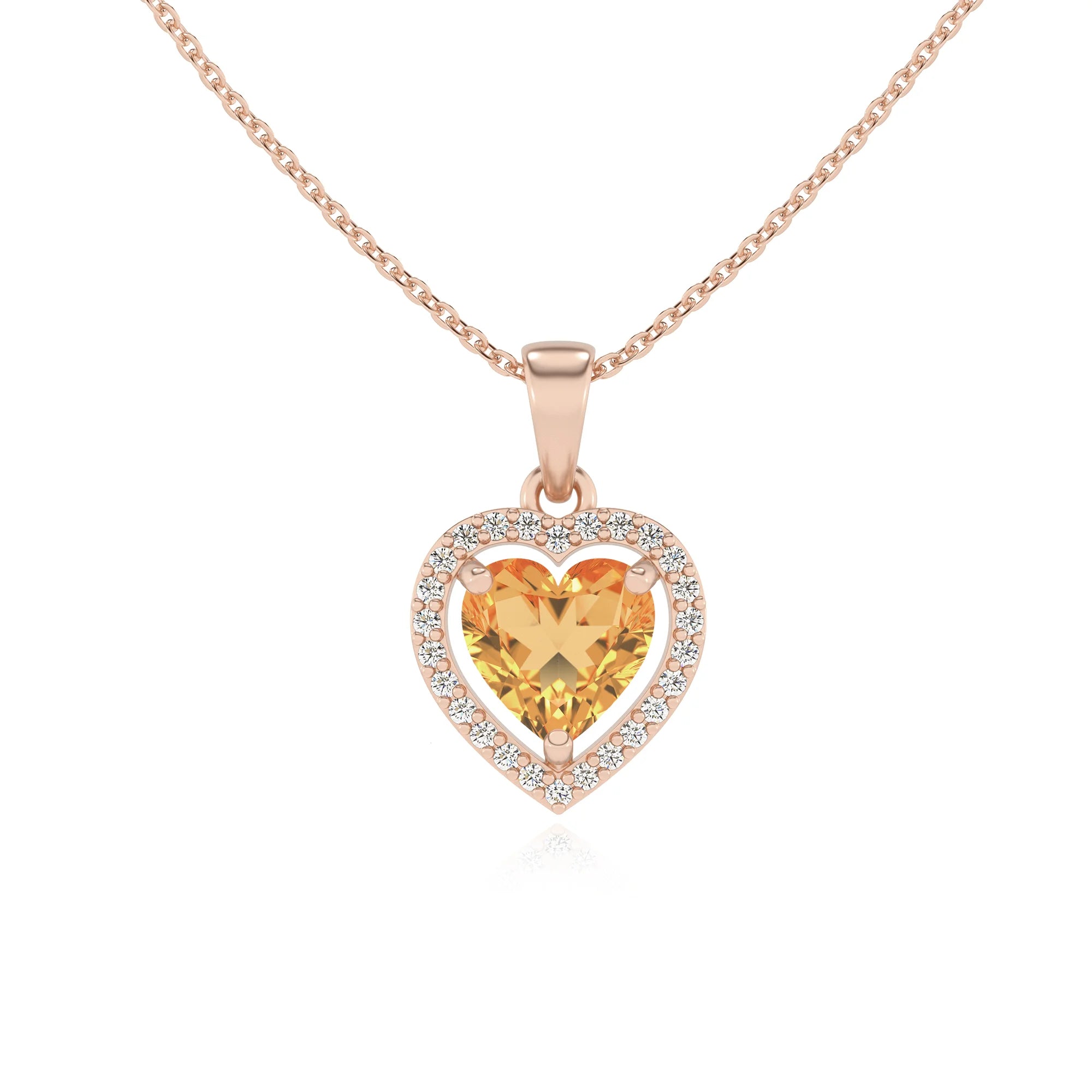lab grown citrine heart solitaire necklaces in rose gold