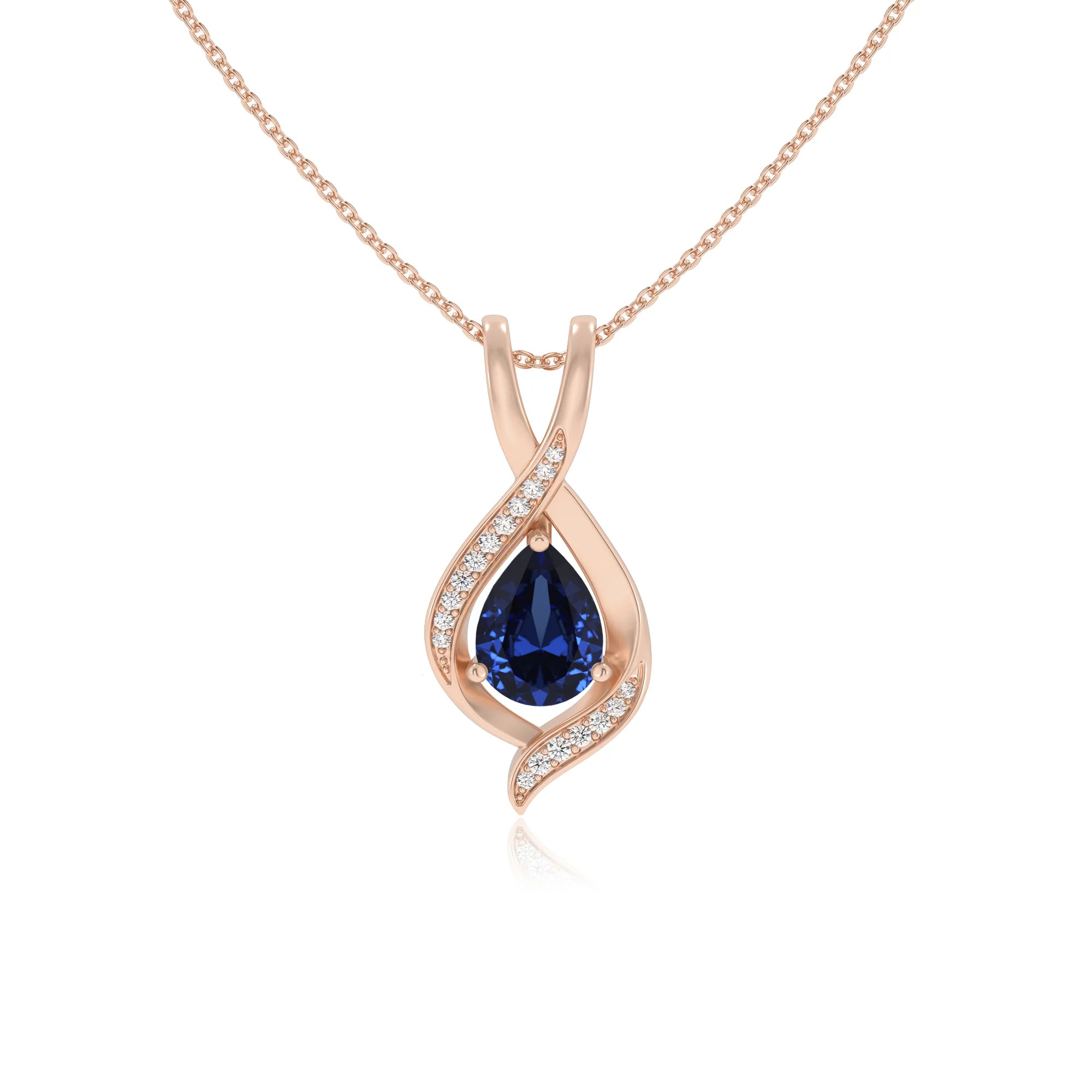 lab grown blue-sapphire pear solitaire necklaces in rose gold
