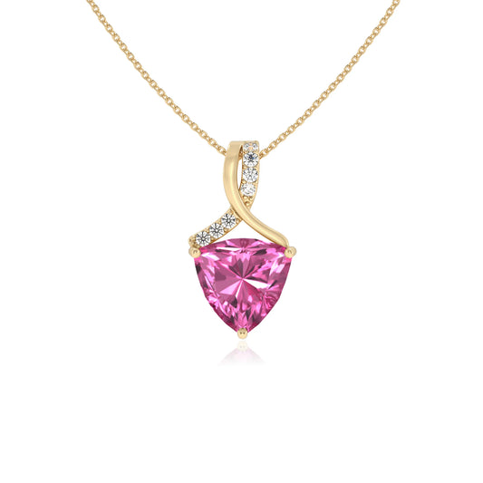 lab grown pink-sapphire trillion solitaire necklaces in yellow gold