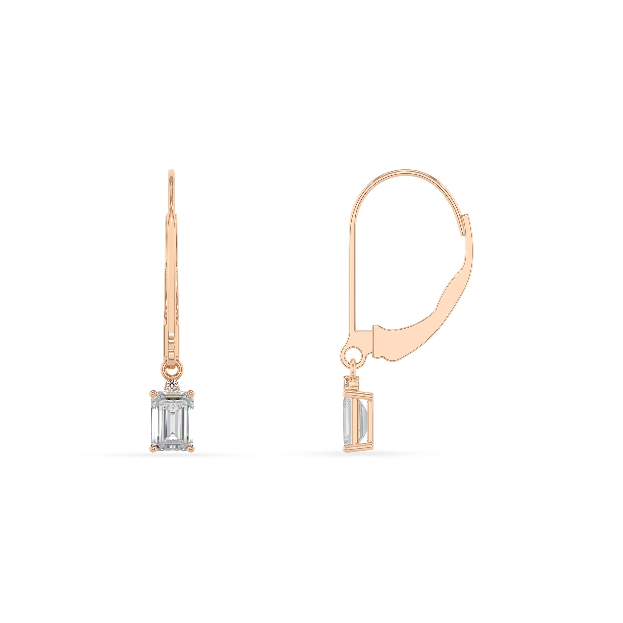 lab grown moissanite emerald cut drop earrings in rose gold