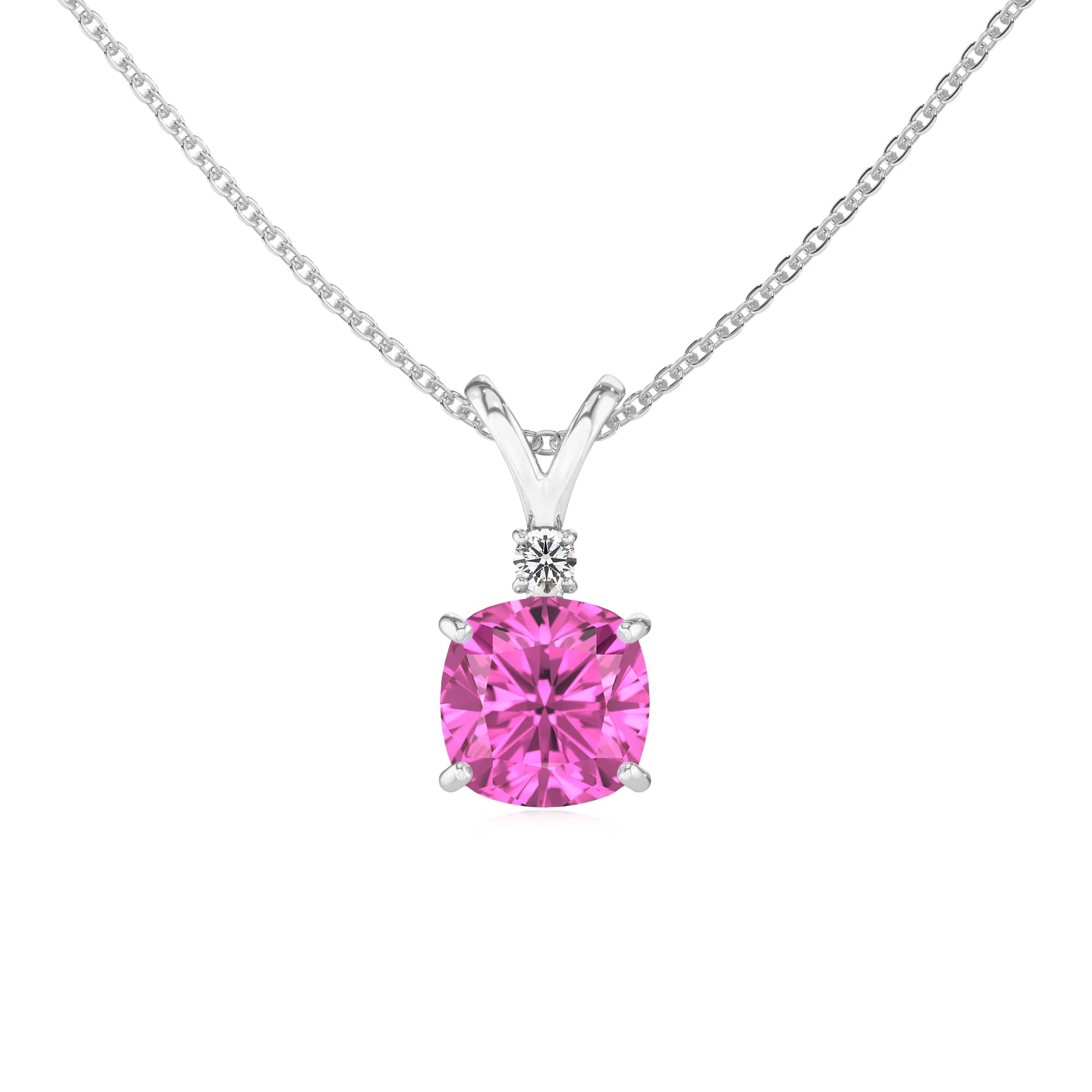 lab grown pink-sapphire cushion solitaire v-bale necklaces in white gold