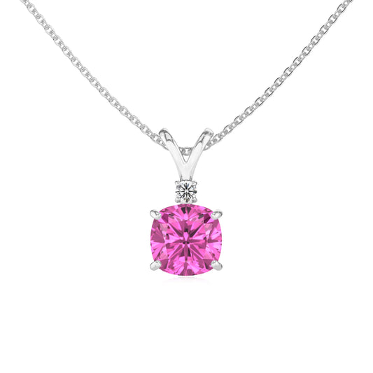 lab grown pink-sapphire cushion solitaire v-bale necklaces in white gold
