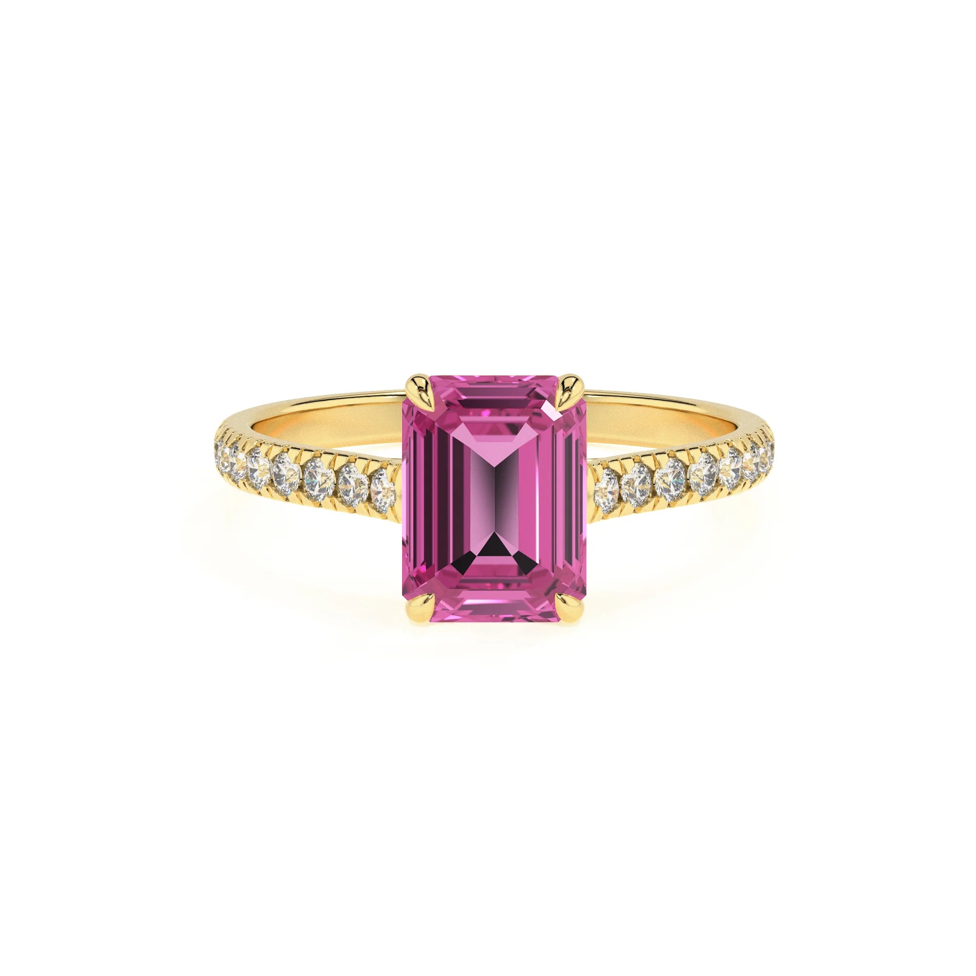 lab grown pink-sapphire emerald cut half eternity solitaire engagement rings in yellow gold