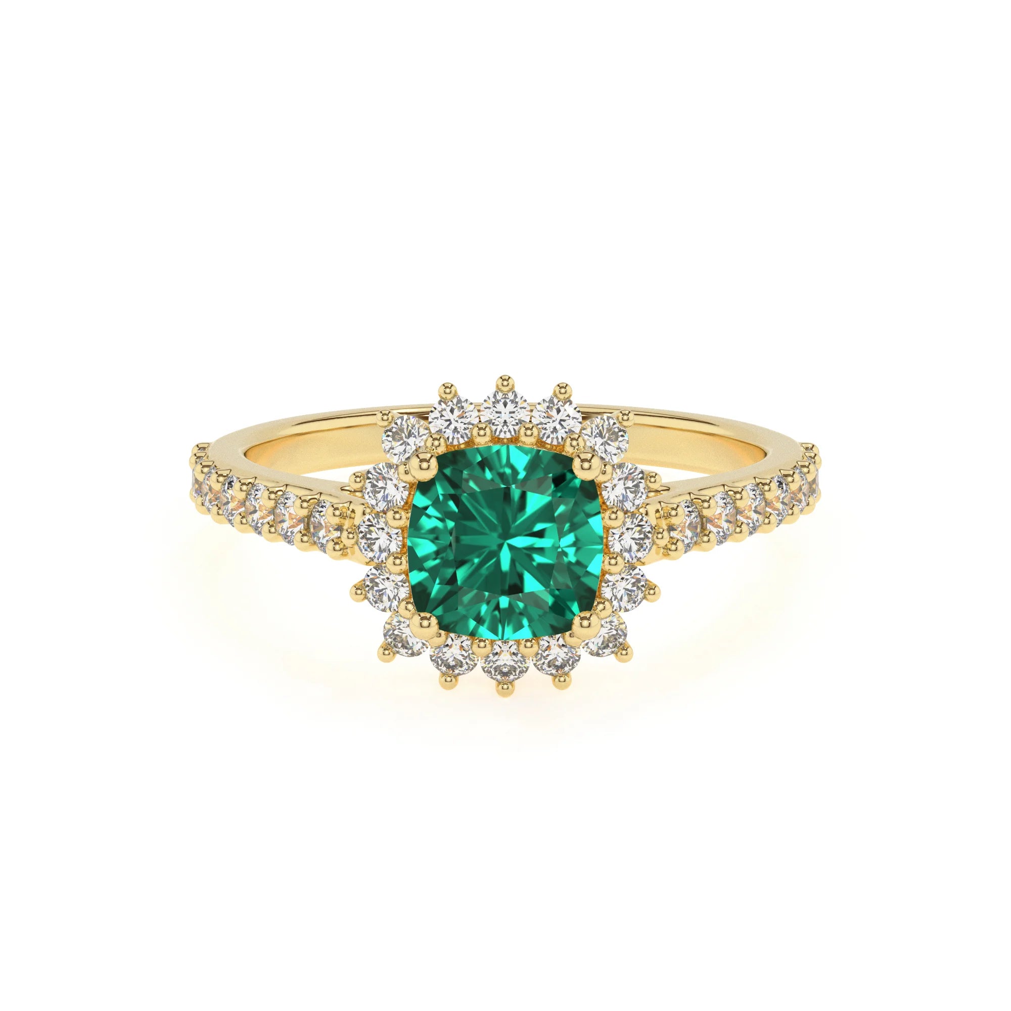 lab grown emerald cushion solitaire rings in yellow gold