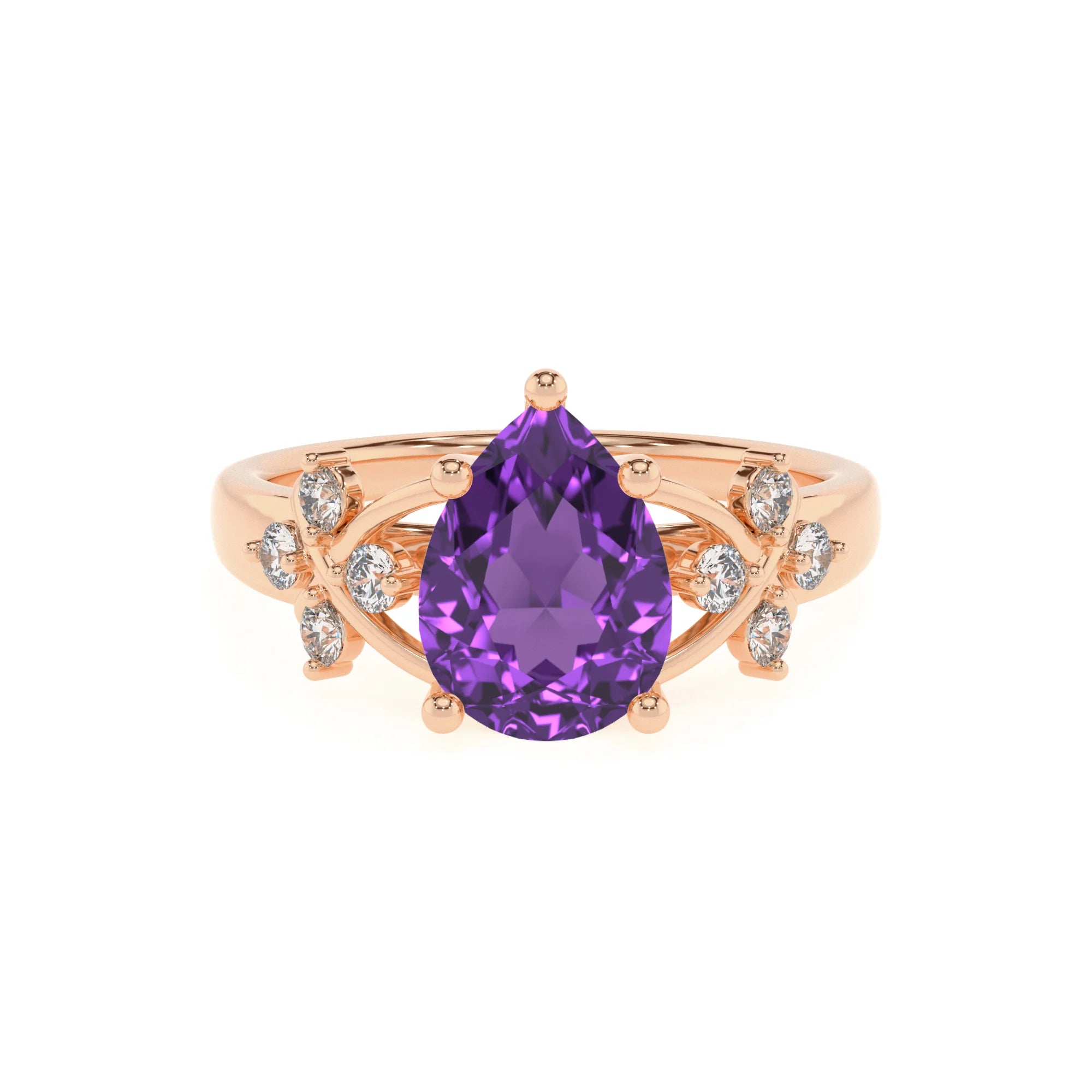 lab grown amethyst pear solitaire rings in rose gold