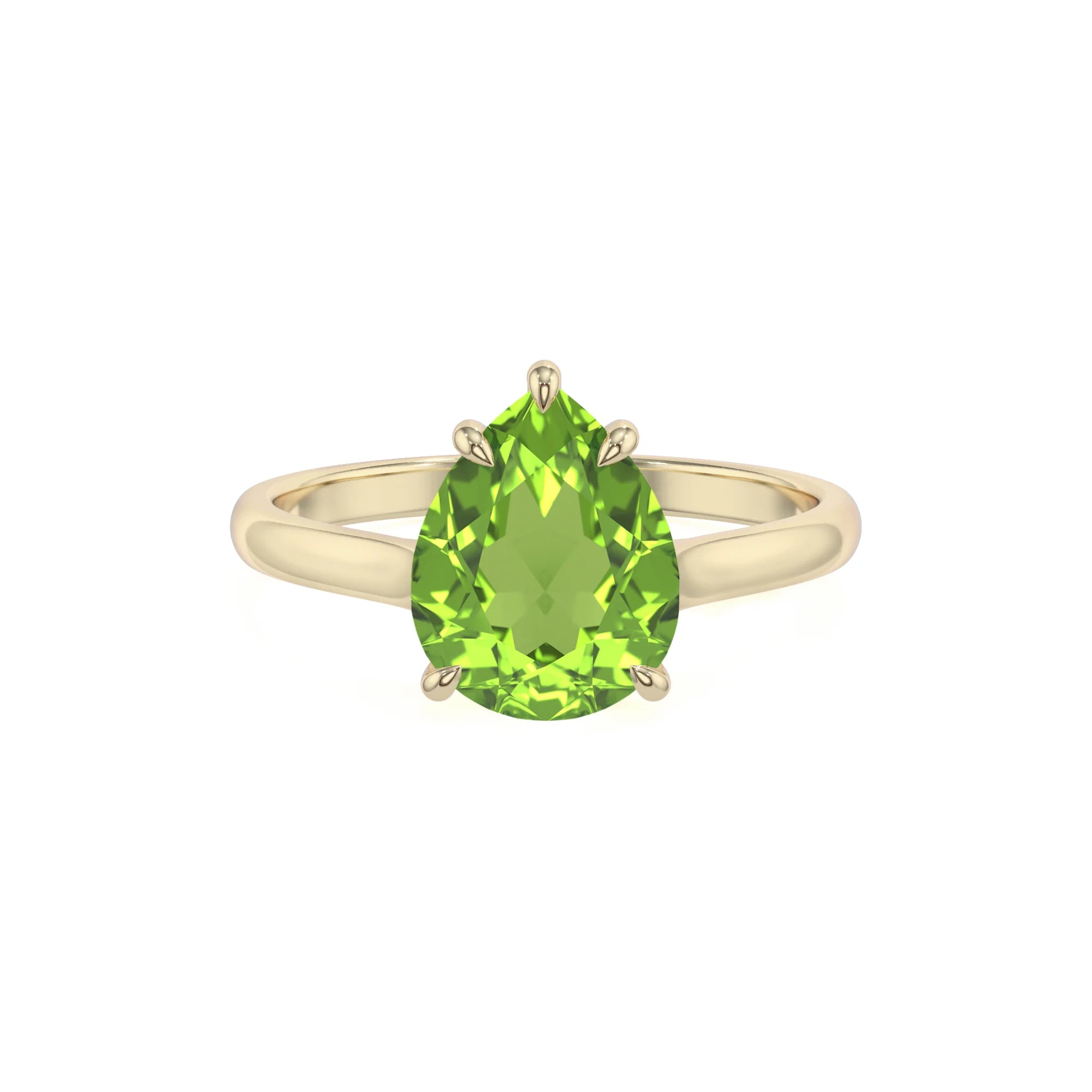 natural peridot pear solitaire rings in yellow gold
