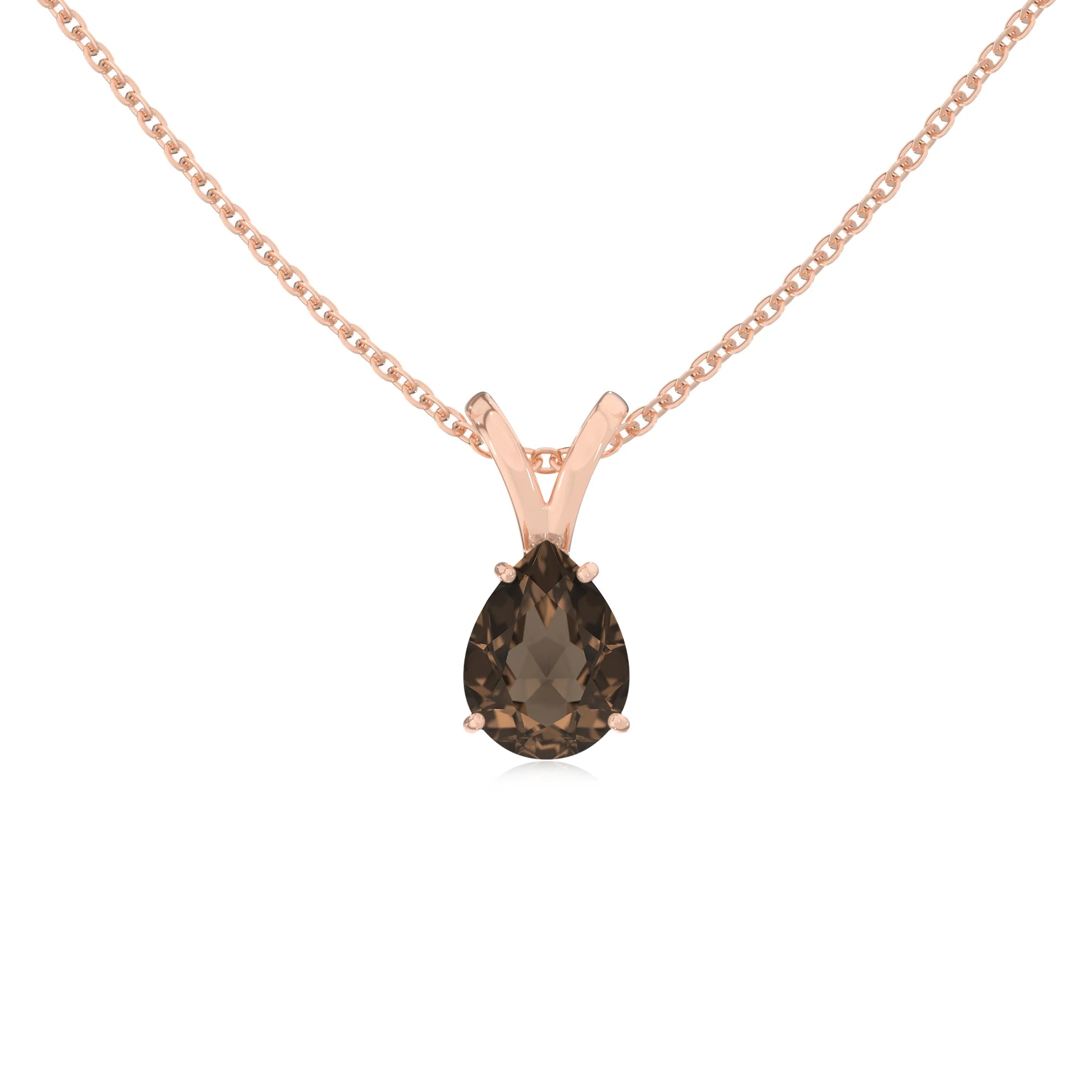 natural smoky-quartz pear solitaire v-bale necklaces in rose gold
