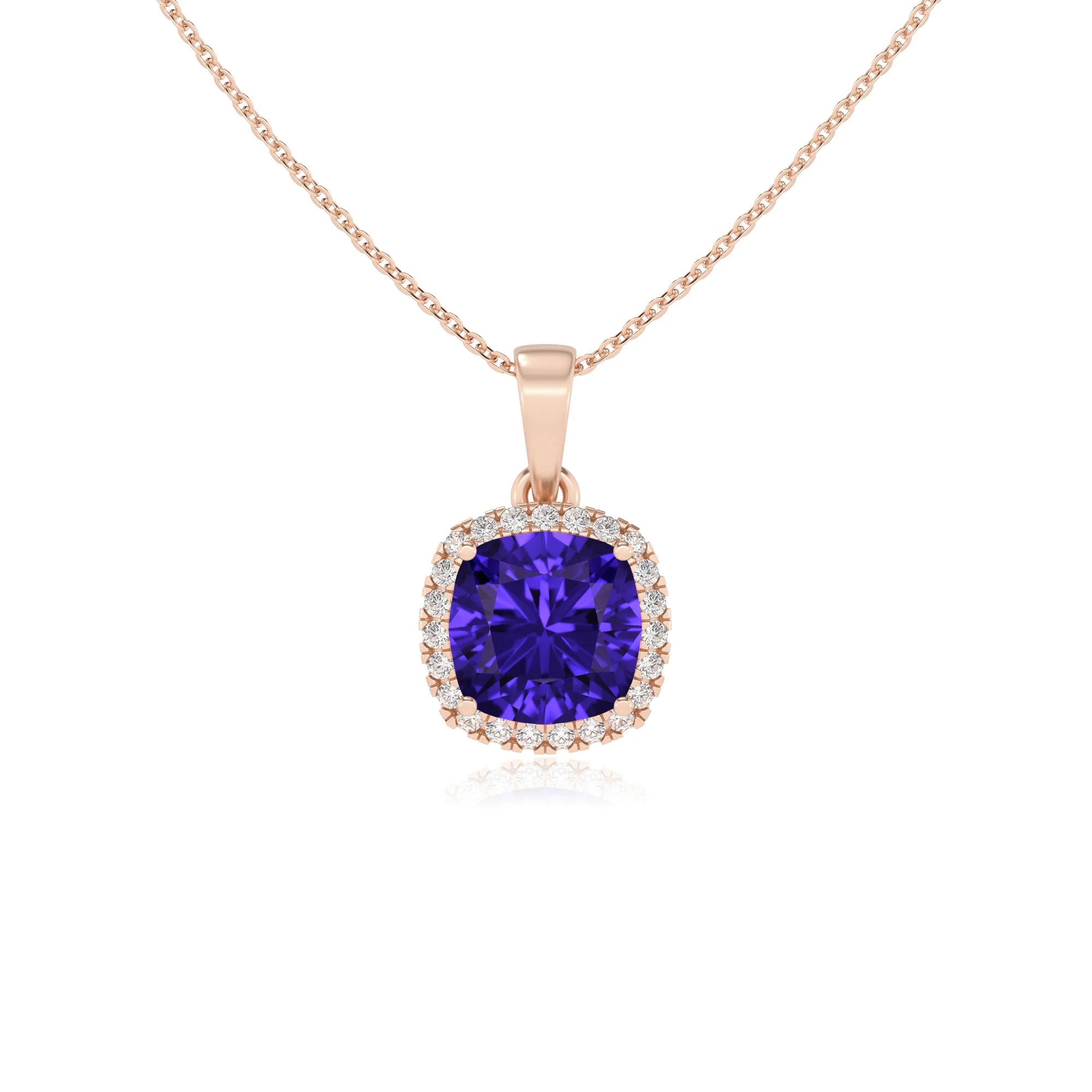 lab grown tanzanite cushion solitaire necklaces in rose gold