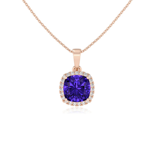 lab grown tanzanite cushion solitaire necklaces in rose gold