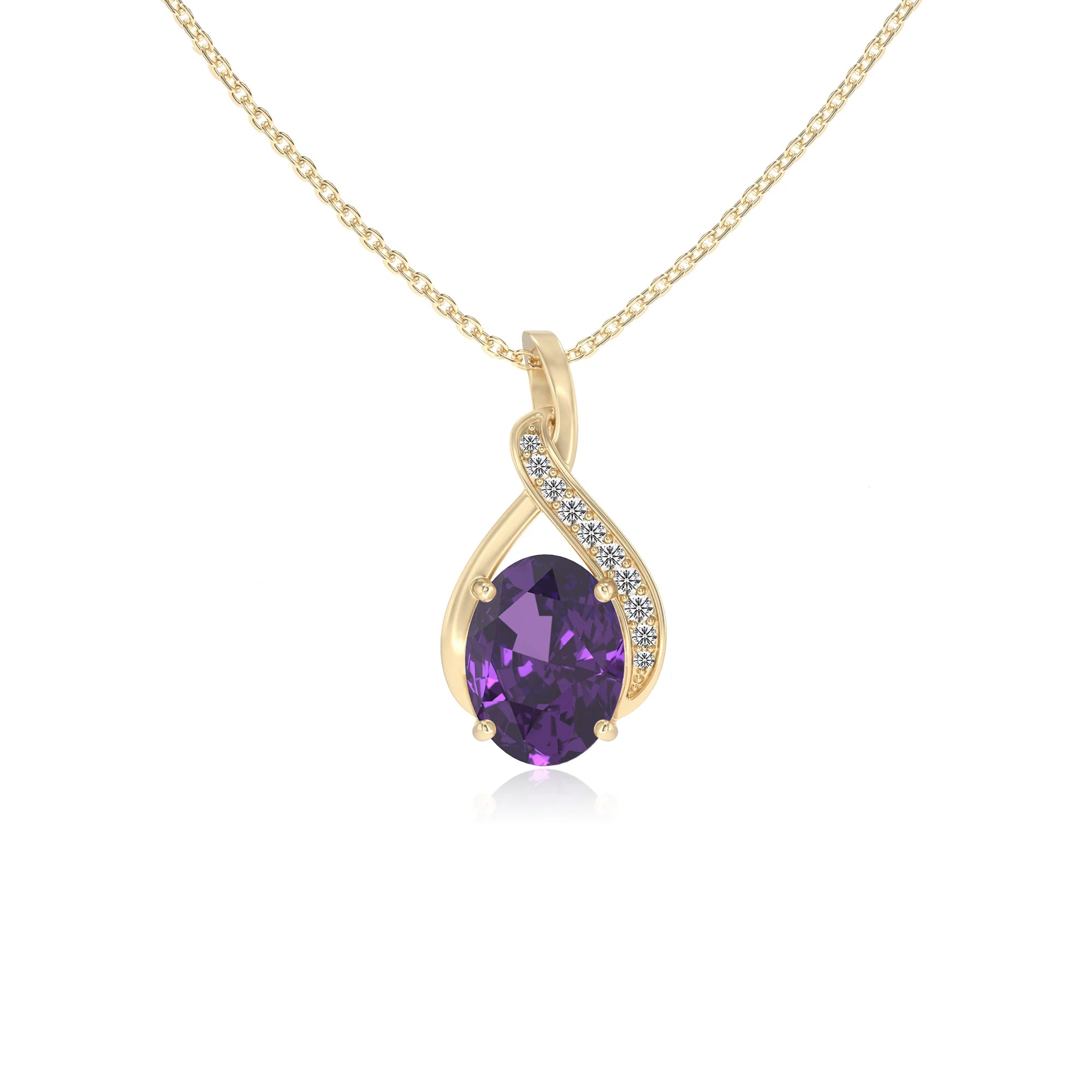 lab grown amethyst oval solitaire necklaces in yellow gold
