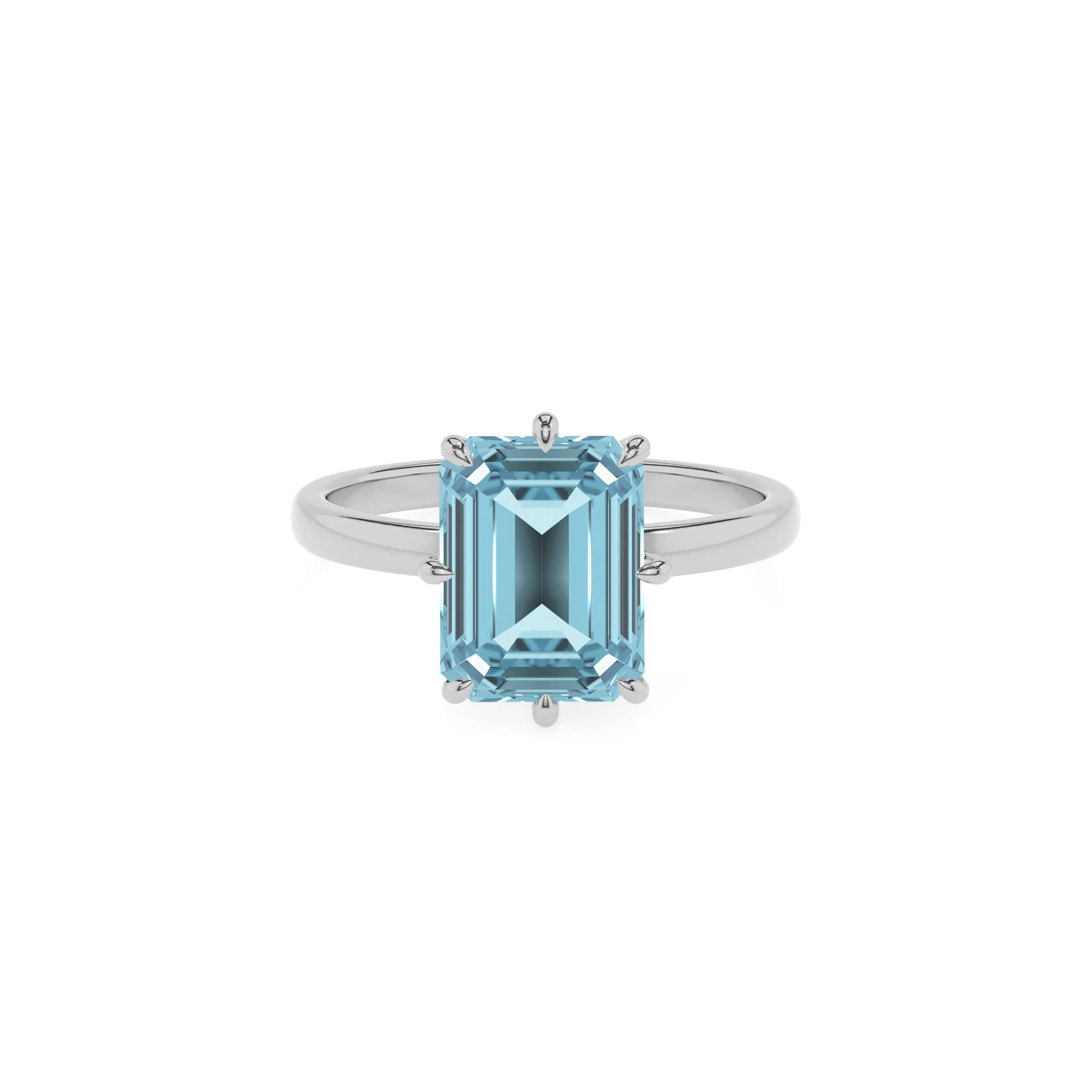 lab grown aquamarine emerald cut solitaire rings in white gold
