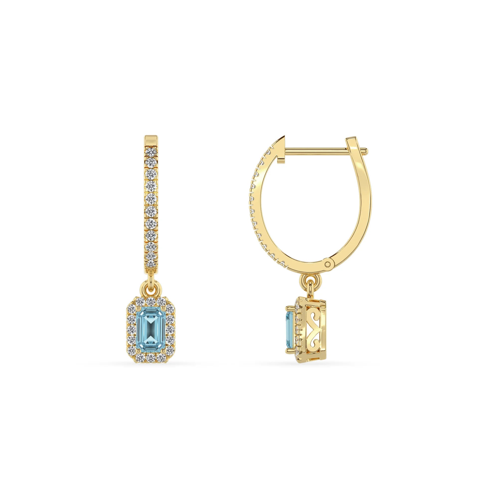 lab grown aquamarine emerald cut drop earrings in yellow gold